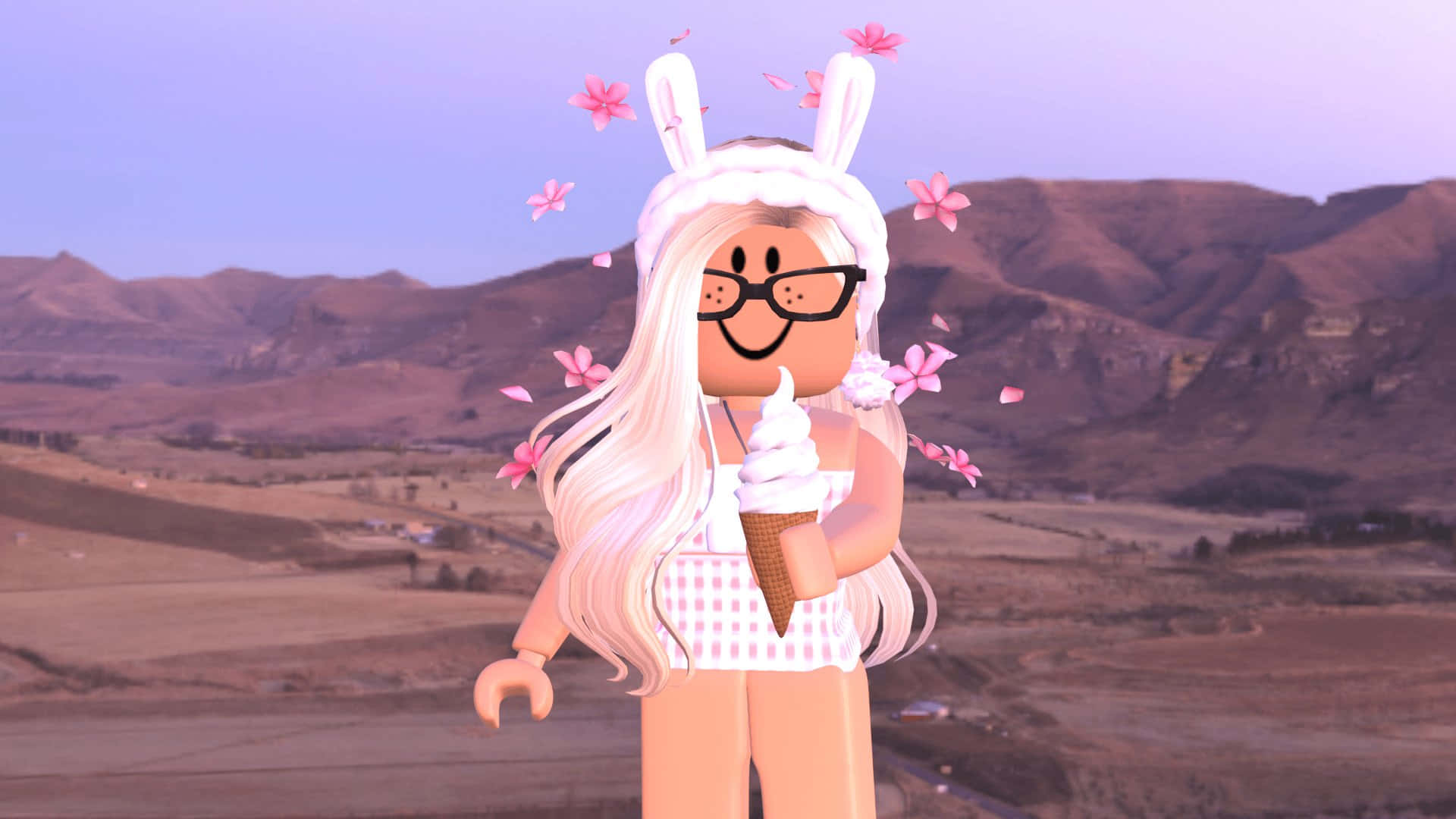 Aesthetic Roblox 桌布 壁紙 — 一個戴著兔耳和眼鏡的Roblox虛擬角色正在享受冰淇淋，粉紅色的櫻花在她周圍飄浮，背景是山巒日落。