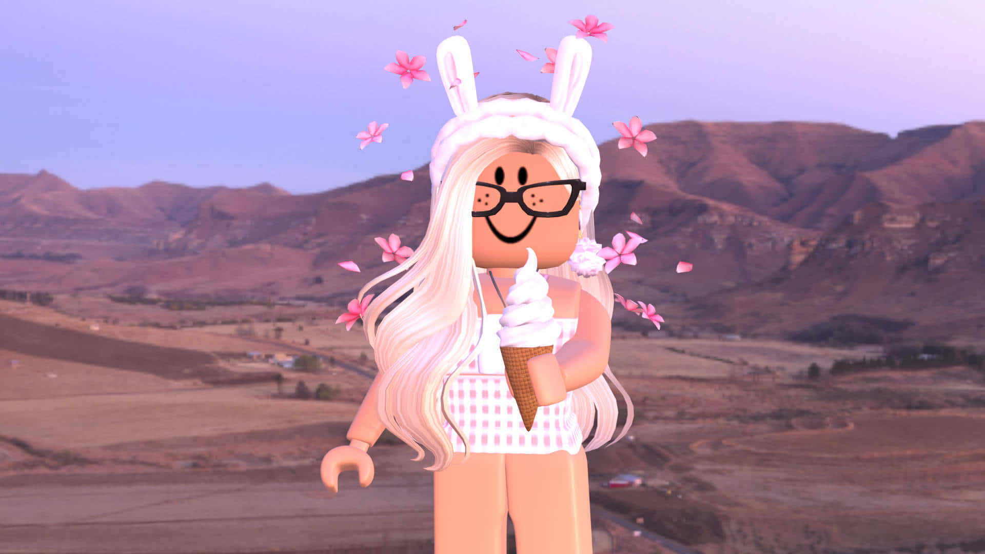 Ice Cream 桌布 壁紙 — 一個戴著兔耳和眼鏡的Roblox頭像，在群山日落背景下，享受著粉紅色櫻花飄落在她周圍的冰淇淋。