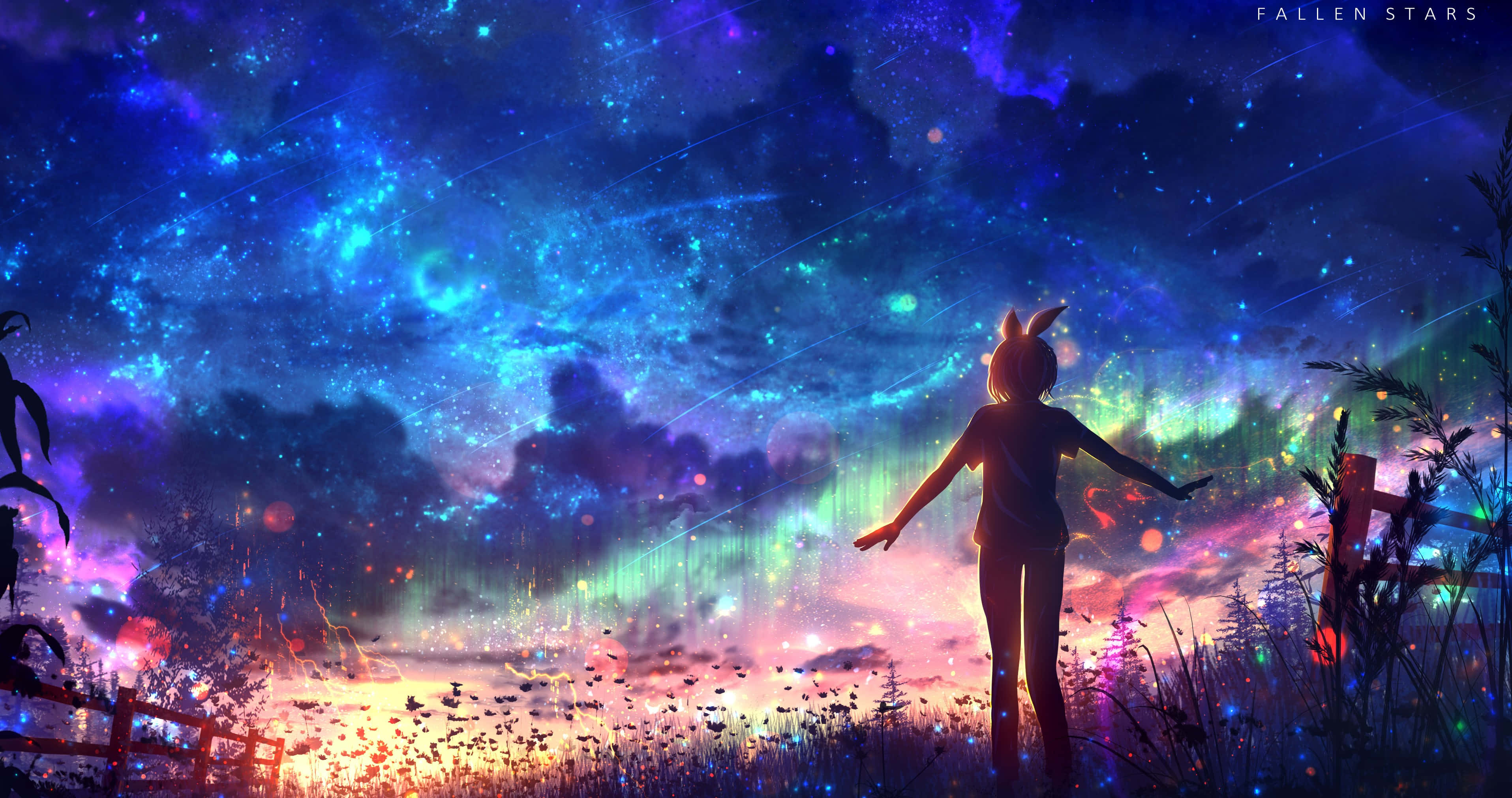 4K 桌布 壁紙 — 一個戴著兔耳朵的女孩剪影站在田野中，向著充滿星星、極光和流星的充滿活力的宇宙天空伸出手。