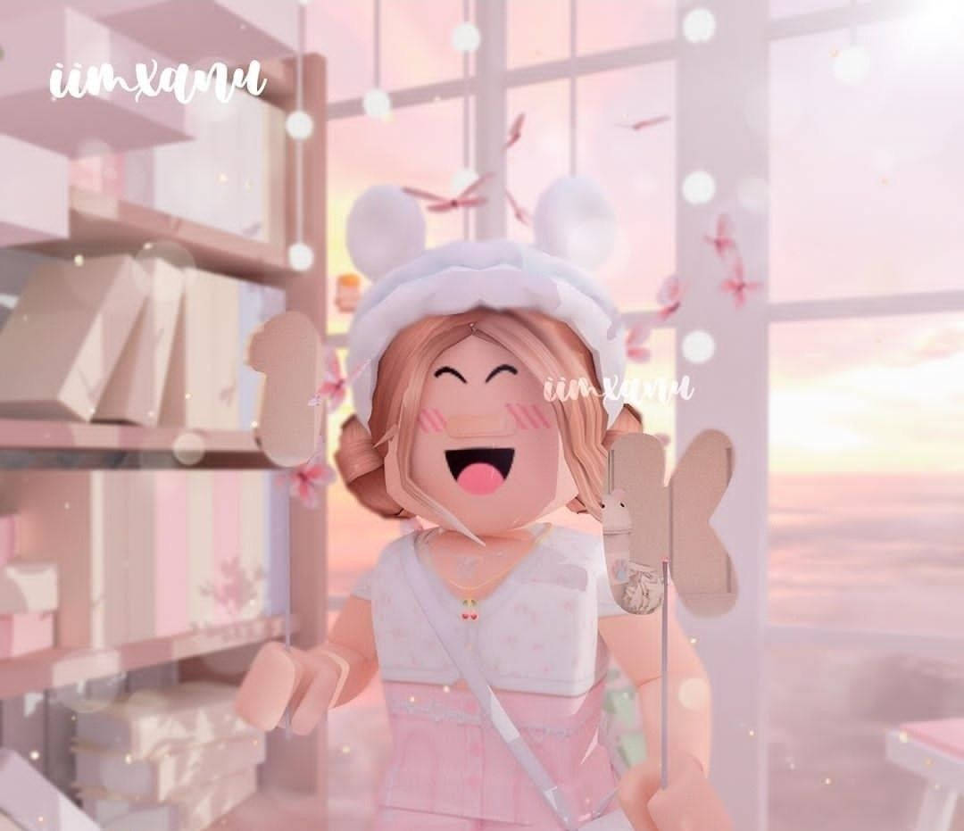 Cute Roblox 桌布 壁紙 — 一個戴著兔耳的可愛Roblox角色在充滿飄浮蝴蝶和柔和光線的粉彩粉紅色房間裡開懷大笑。