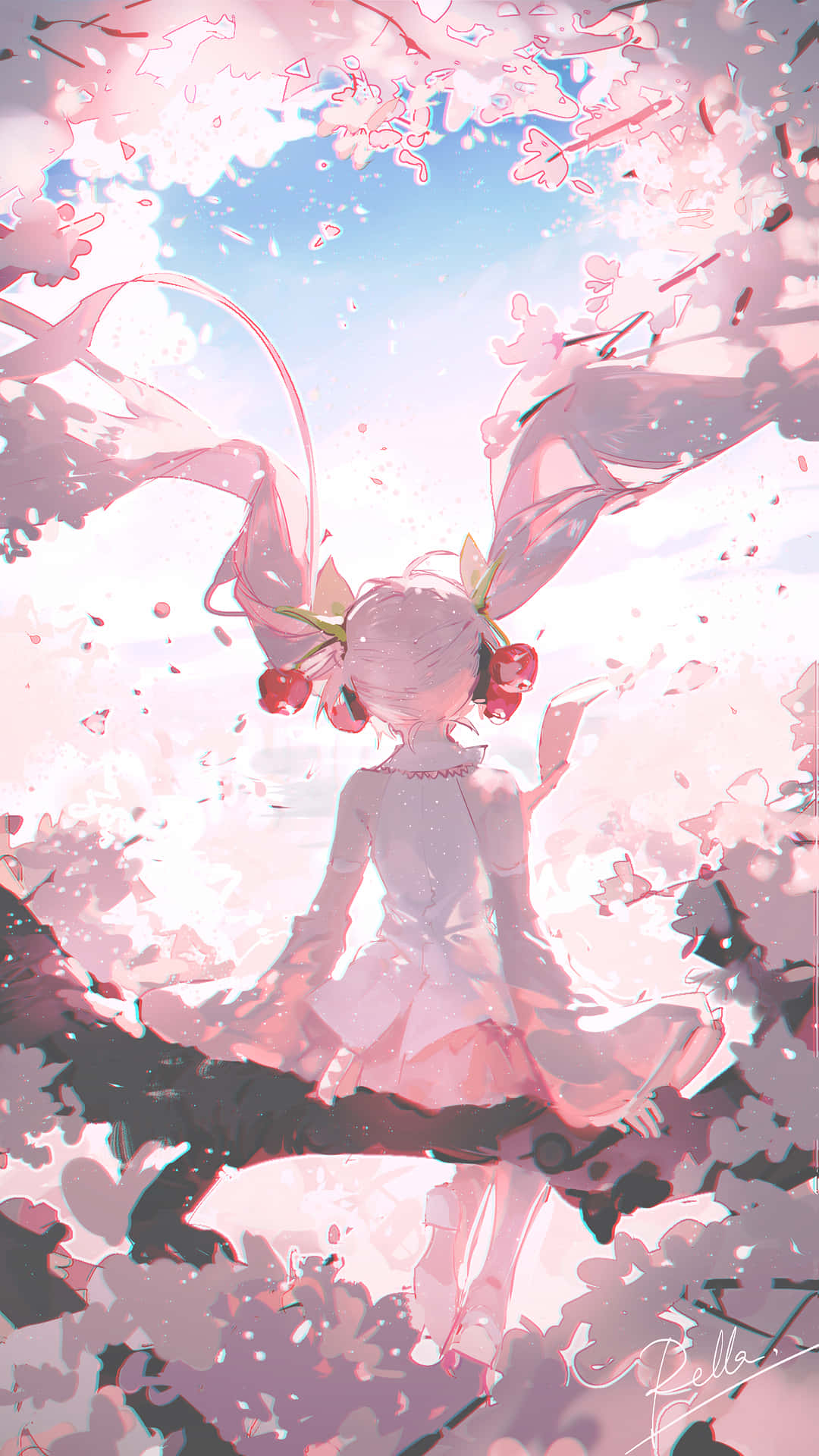 Sakura Miku 桌布 壁紙 — 一個戴著兔耳的女孩坐在櫻花樹下，花瓣在柔和的粉紅色和藍色天空中飄落。