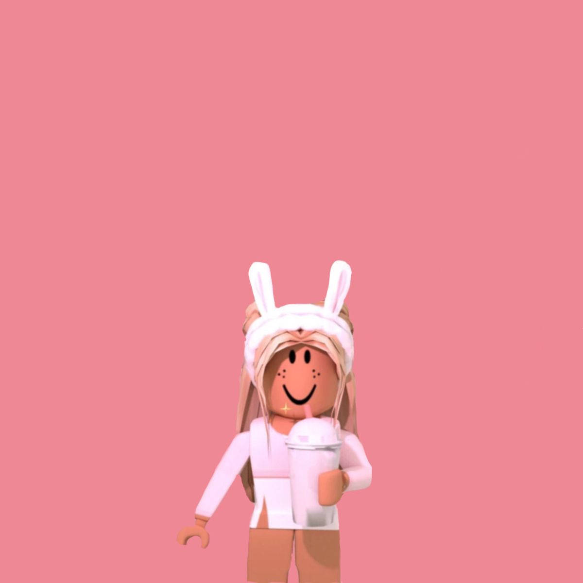 Roblox 桌布 壁紙 — 一個戴著兔耳的開心Roblox頭像在純粉紅色背景前拿著一杯飲料。