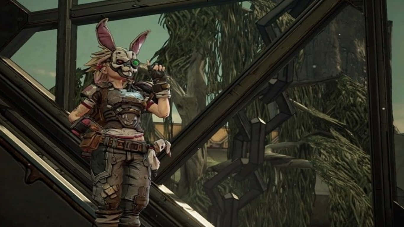1366x768 Borderlands 3 桌布 壁紙 — 一個戴著兔耳面具的戰士身穿戰術裝備，站在叢林廢墟中一條破損的金屬樓梯上。