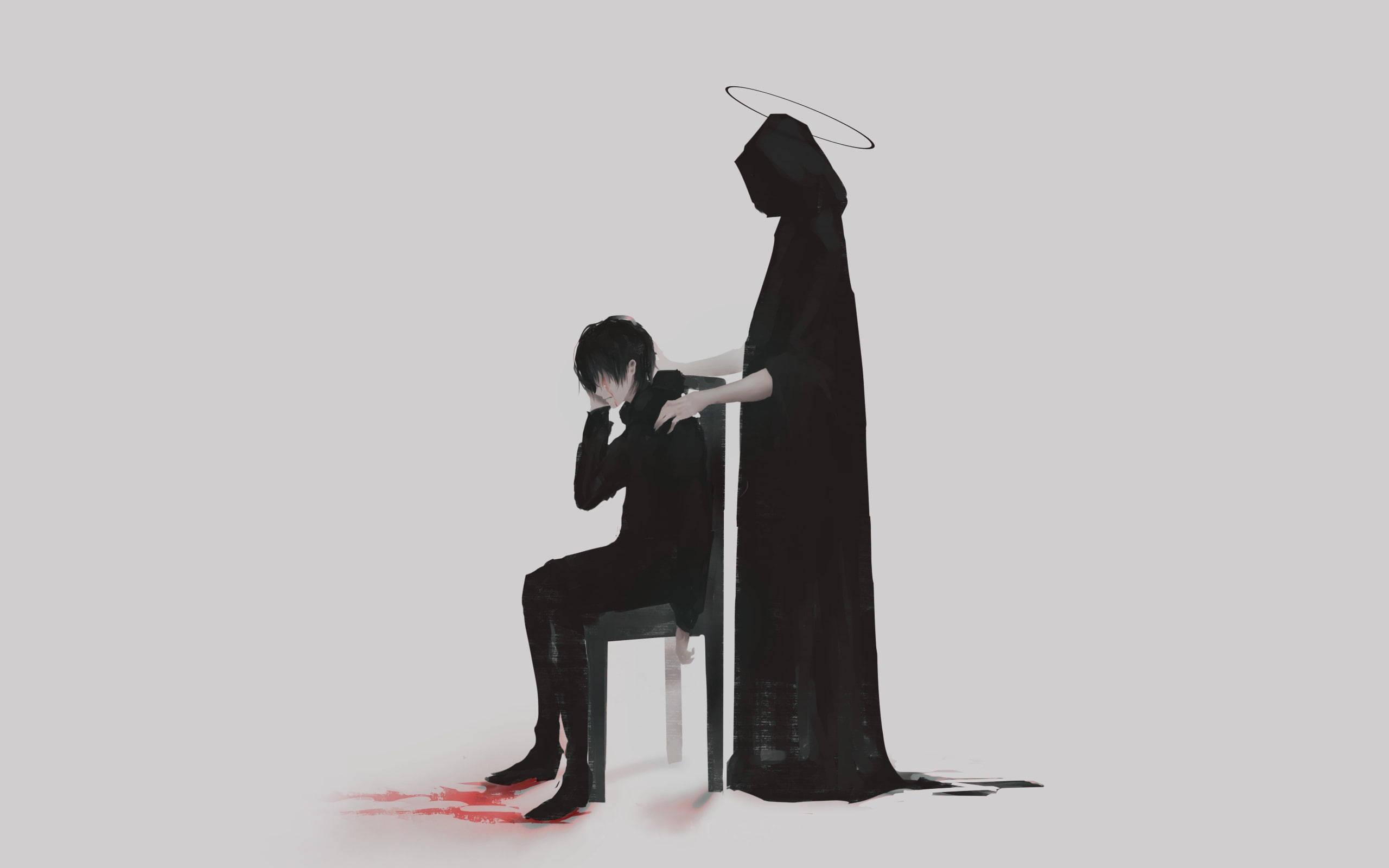 crying anime 桌布 壁紙 — 一個戴著兜帽、帶有光環的天使形象，輕輕地將手放在一個坐著的男孩的肩膀上，而他的腳下積聚了血泊，背景是純灰色。