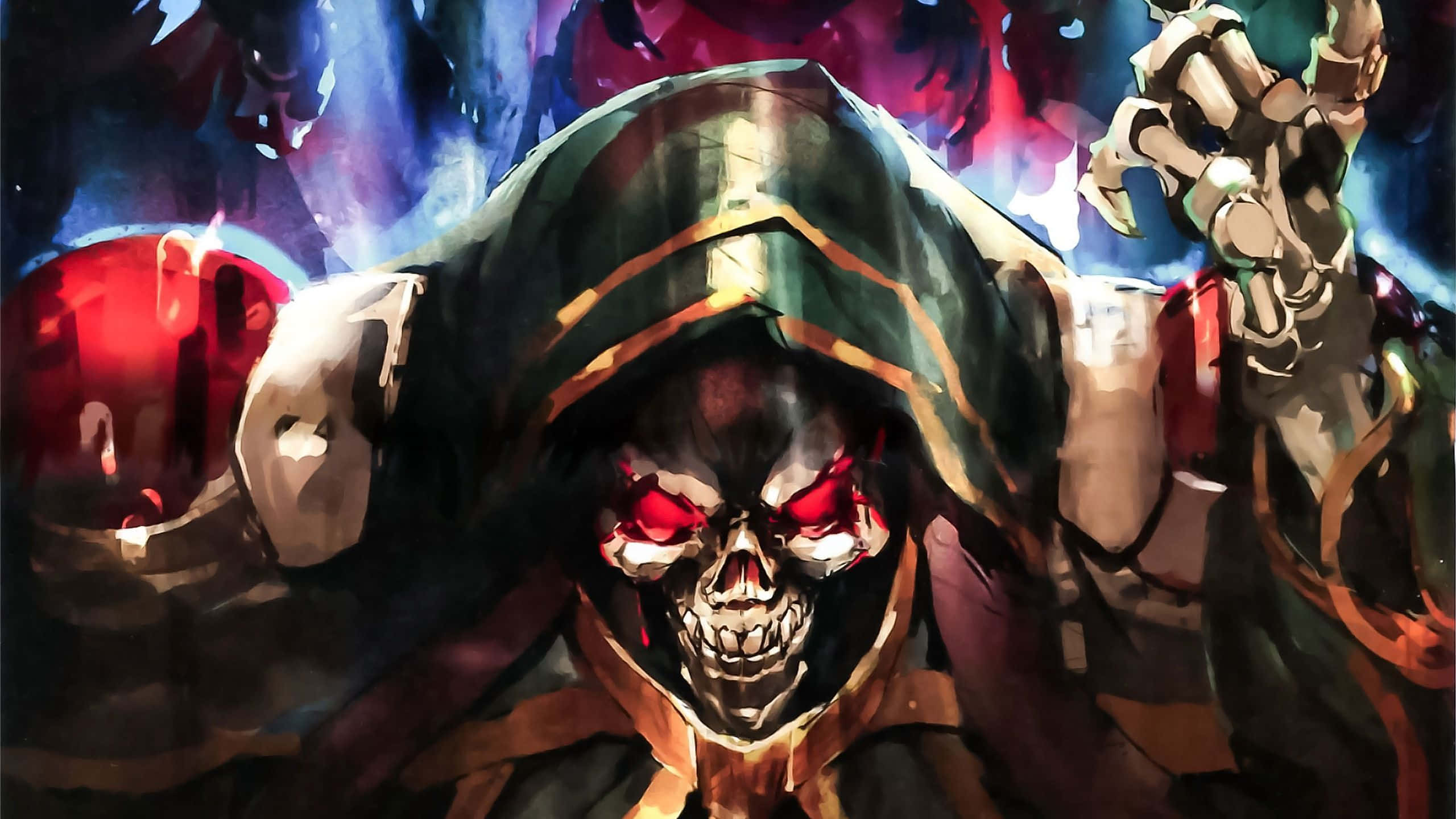 Dark Overlord 桌布 壁紙 — 一個戴著兜帽、帶有發光紅眼和舉起手的威脅性骷髏身影，在黑暗的宇宙背景中隱現。