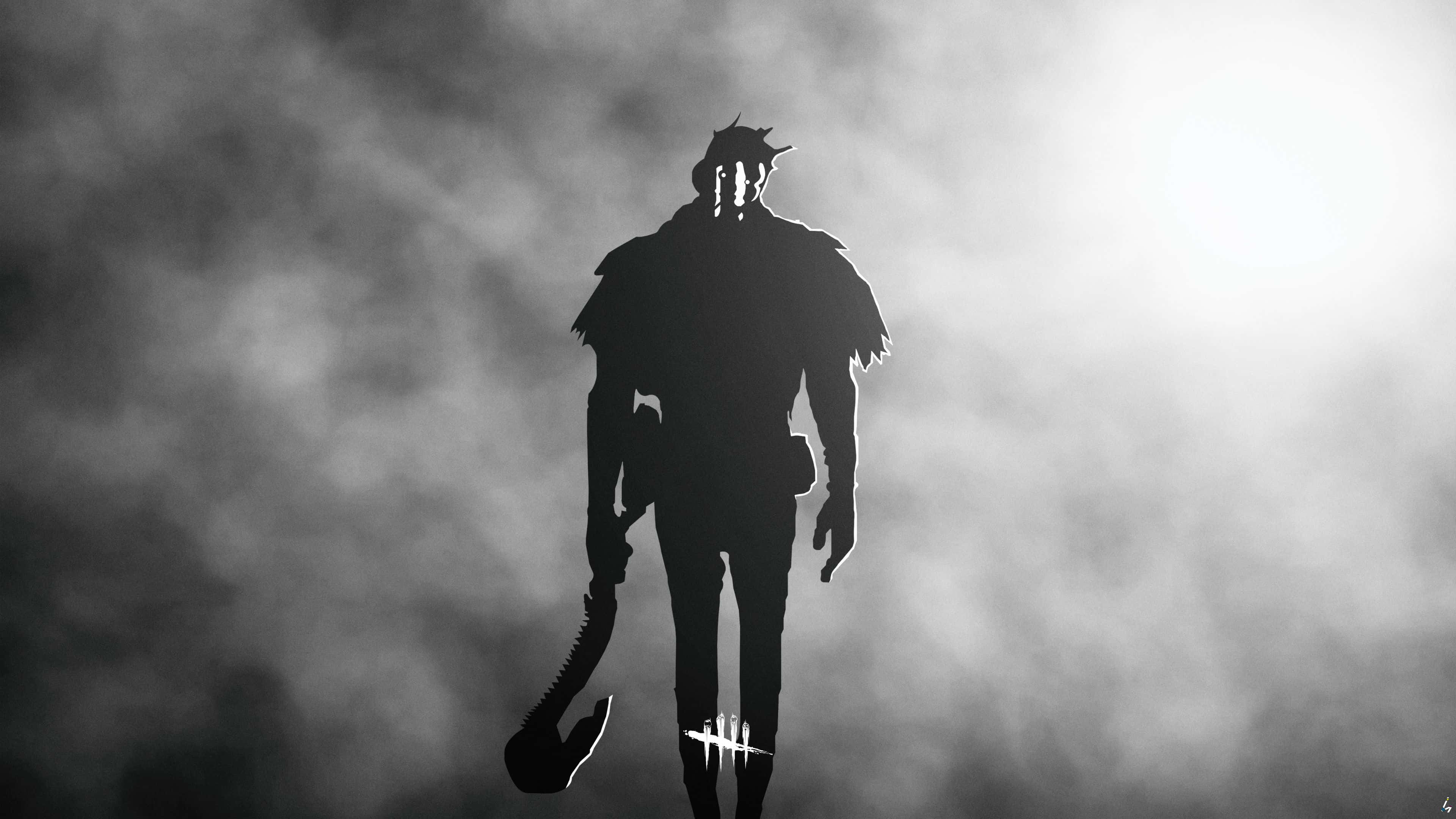Dead By Daylight Killers 桌布 壁紙 — 一個戴著兜帽、手持電鋸的人物，其鮮明的剪影矗立在朦朧的單色背景前。