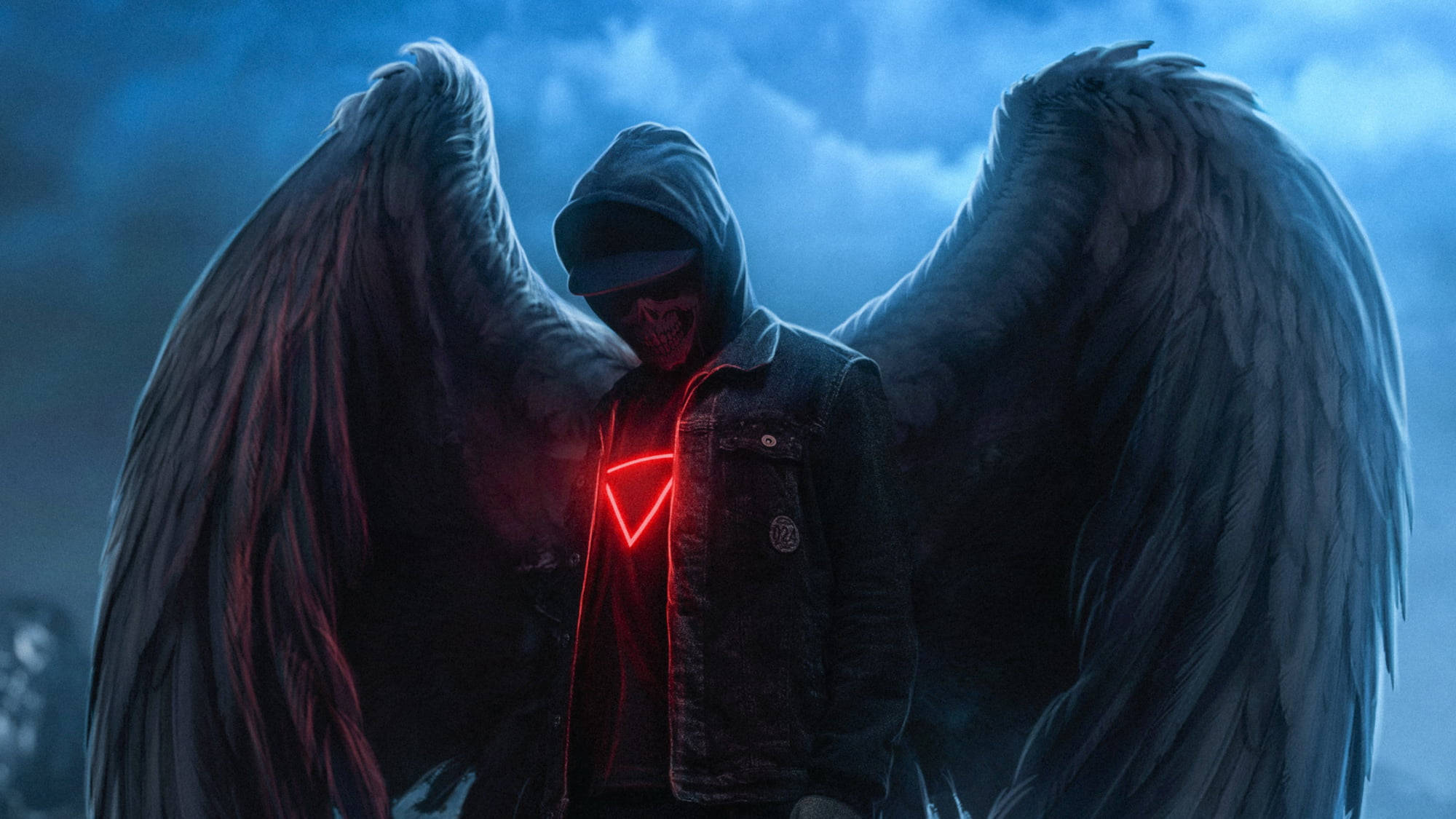 Black Angel Wings 桌布 壁紙 — 一個戴著兜帽、擁有巨大黑色翅膀的身影站在陰鬱的藍天下，胸前有發光的紅色三角形。