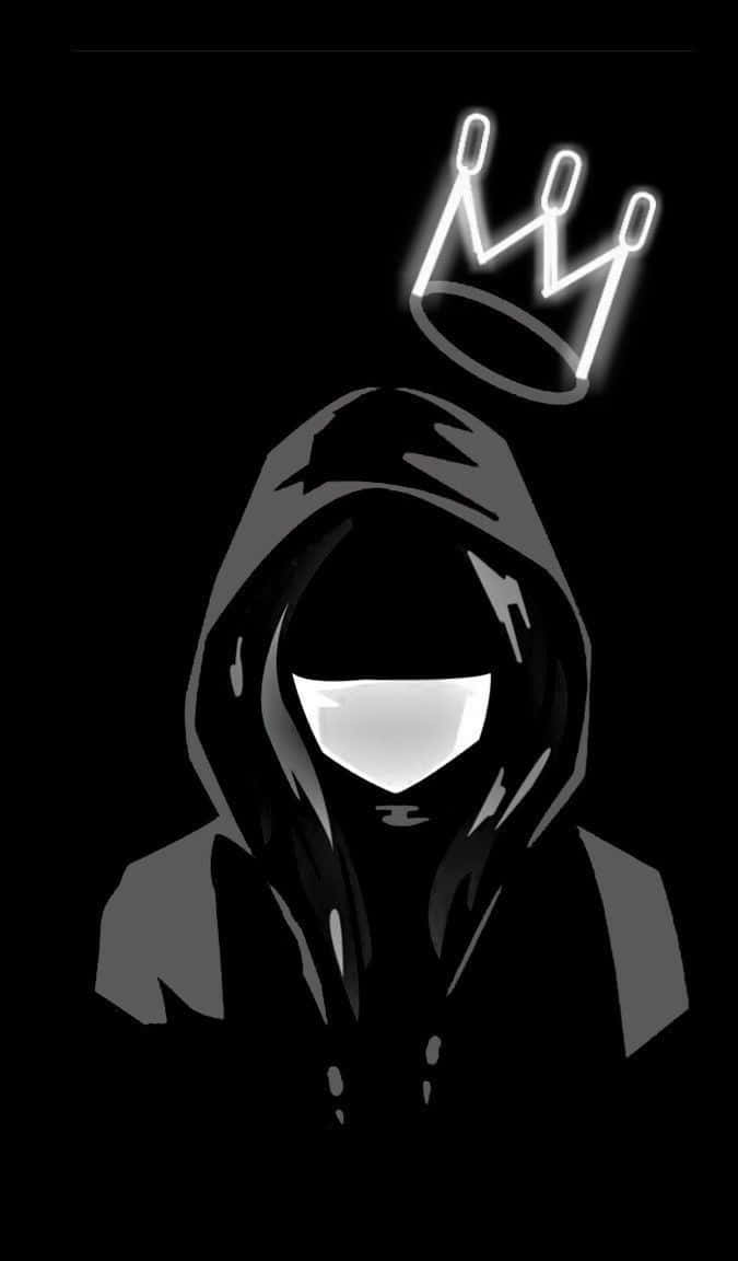 Alone 桌布 壁紙 — 一個戴著兜帽、擁有發光白色眼睛和霓虹皇冠的人物，漂浮在黑色背景上。