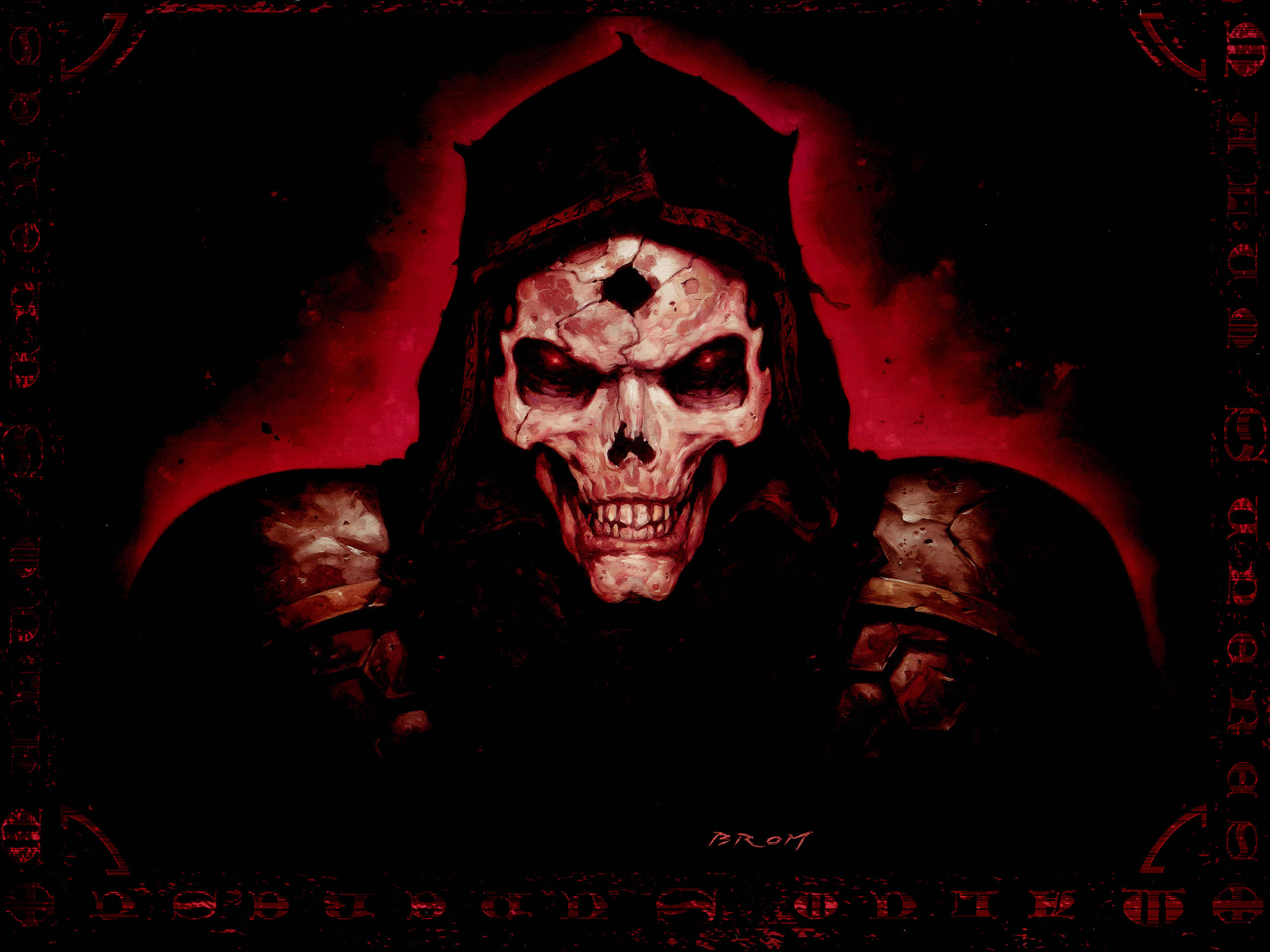Evil Skull 桌布 壁紙 — 一個戴著兜帽、擁有發光紅眼和盔甲的威脅性骷髏戰士，以深紅色神秘符號框住，背景為黑色。