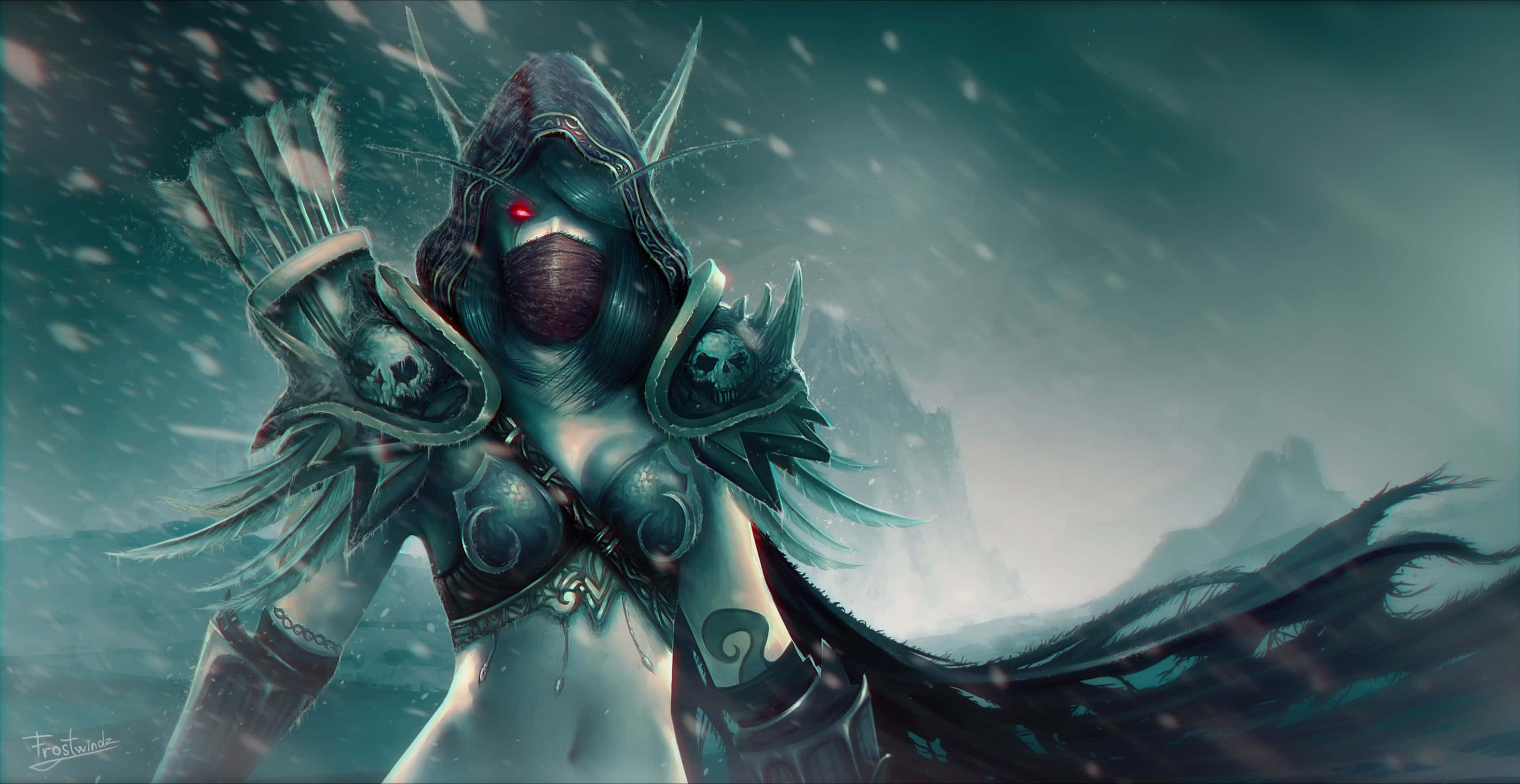 World Of Warcraft Shadowlands 桌布 壁紙 — 一個戴著兜帽、擁有發光紅眼和骷髏裝飾盔甲的戰士，站在風暴天空下的雪山景觀中。