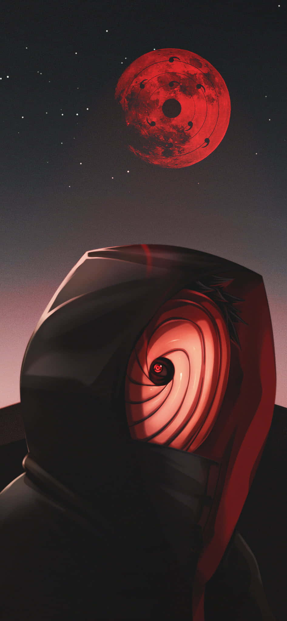 Akatsuki Tobi 桌布 壁紙 — 一個戴著兜帽、擁有發光紅色螺旋眼的人物，在繁星點點的暮色天空中仰望一輪血紅色的月亮。