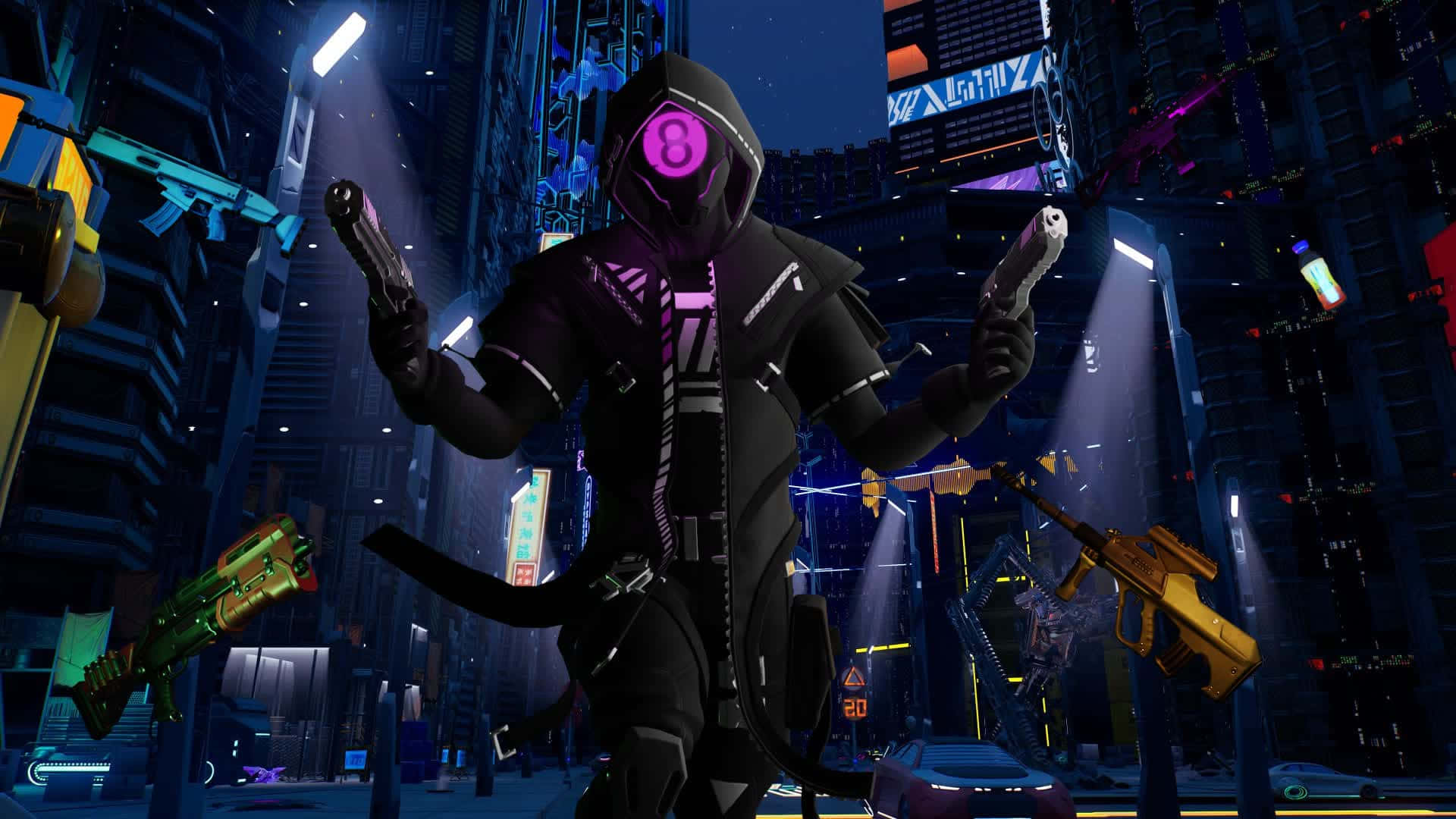 Fortnite Cool 桌布 壁紙 — 一個戴著兜帽、擁有發光紫色眼睛的人物，在夜晚霓虹燈閃爍的賽博龐克城市景觀中手持兩把手槍。