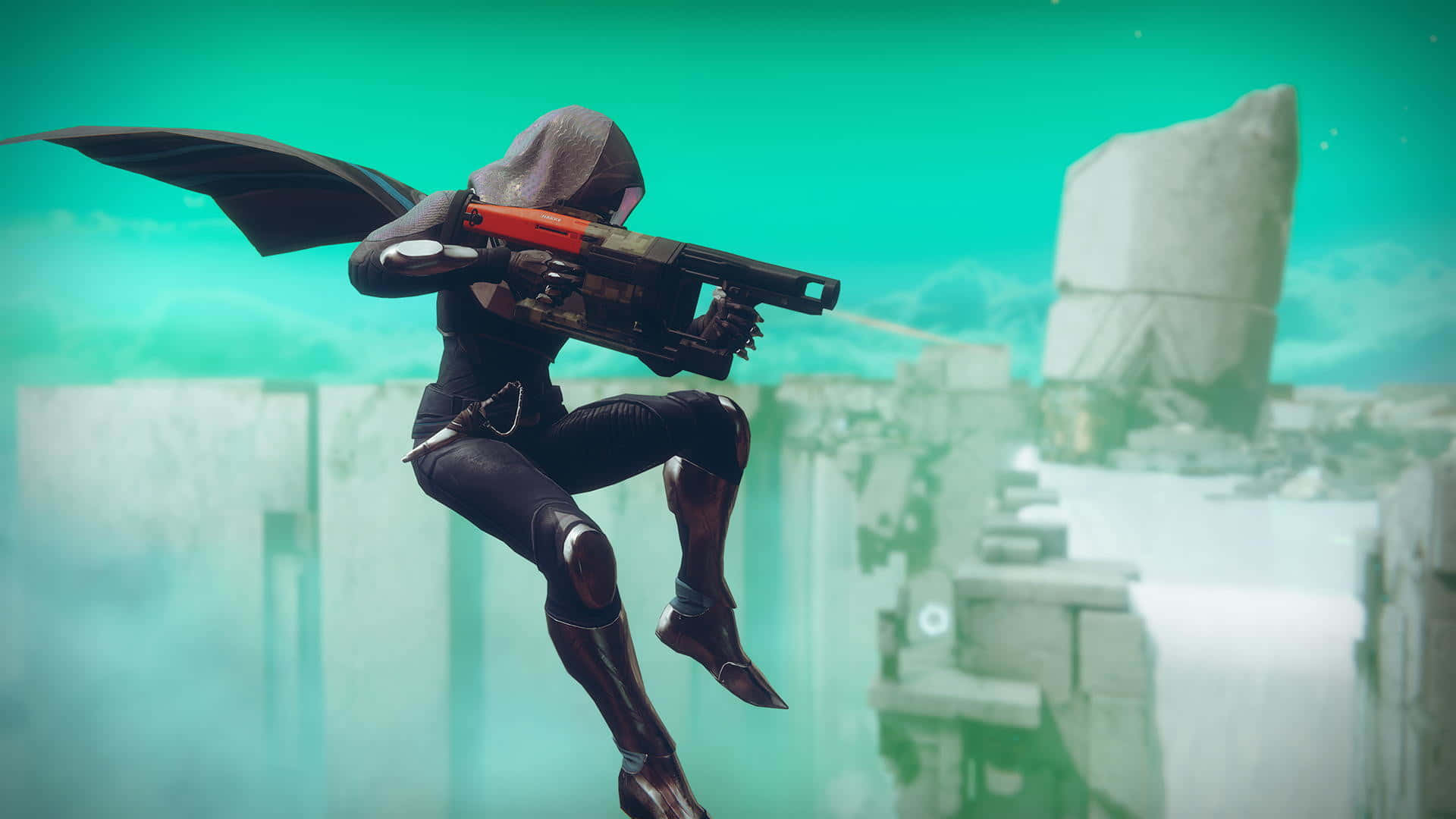 Best Destiny 2 桌布 壁紙 — 一個戴著兜帽、擁有蝙蝠般翅膀的身影，在青綠色的天空下，懸浮在未來廢墟上空開火。