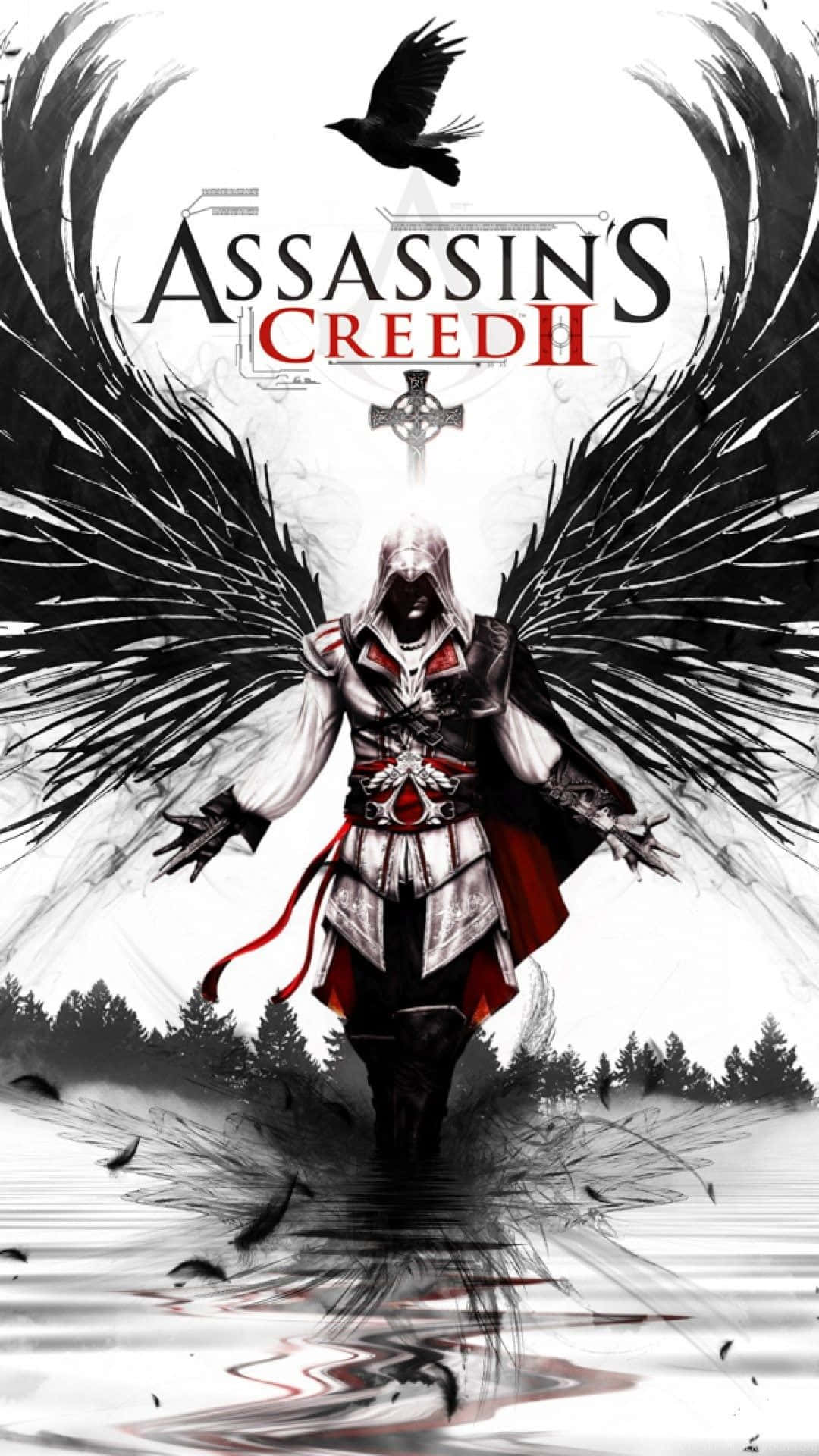 iPhone X Assassin's Creed Valhalla 桌布 壁紙 — 一個戴著兜帽、擁有黑色羽毛翅膀的刺客站在水中，頭頂有一隻烏鴉，背景是純白色。