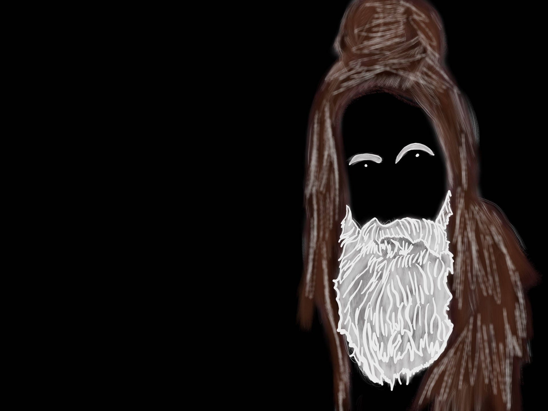 Aghori 桌布 壁紙 — 一個戴著兜帽、有白鬍子和眼睛的人物，在黑色背景上的極簡數位藝術肖像。