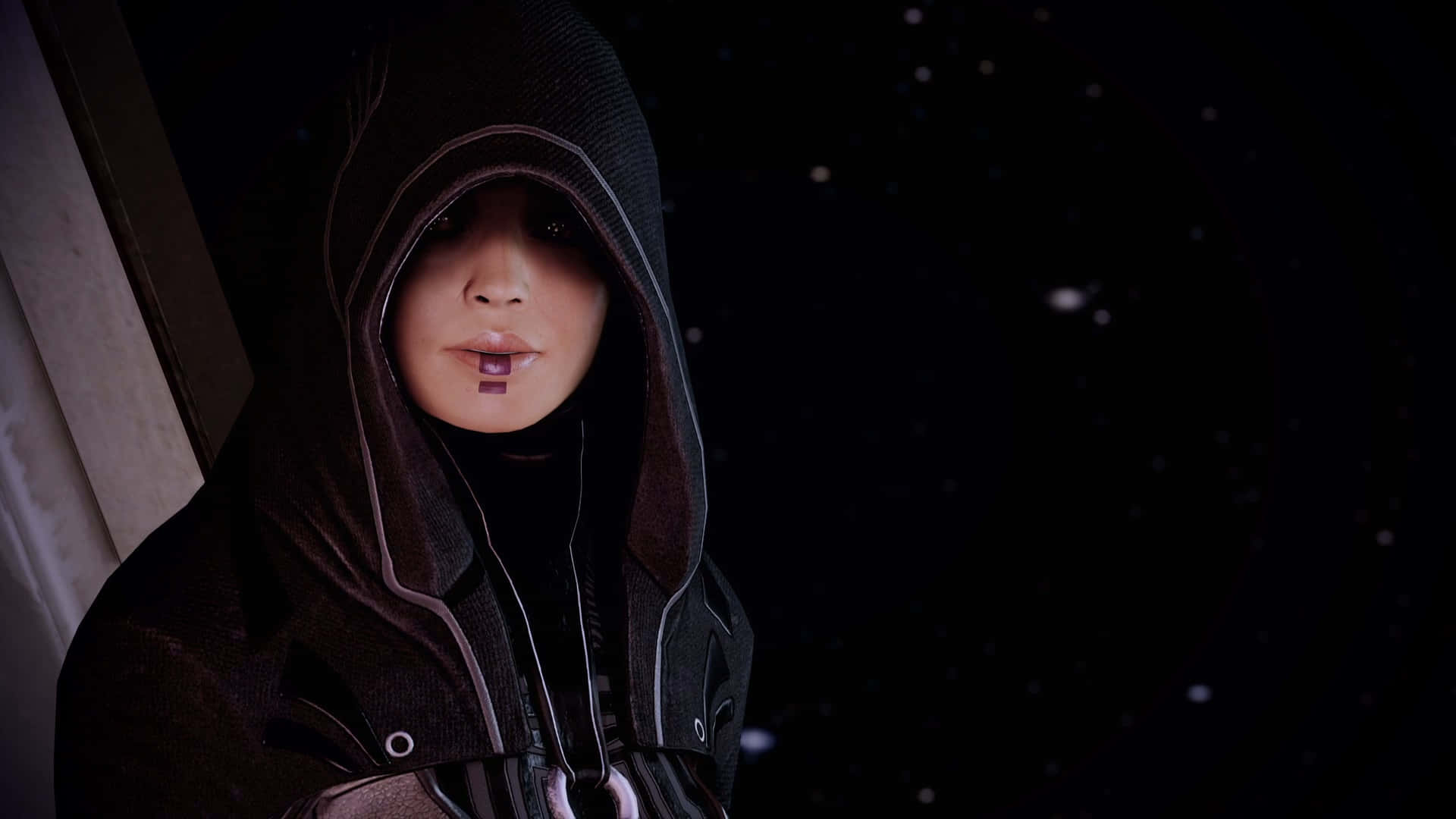 Kasumi Goto 桌布 壁紙 — 一個戴著兜帽、有紫色唇環的人物，在繁星宇宙背景下向前凝視。