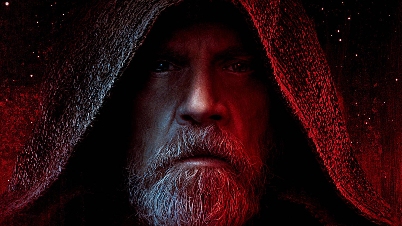 Star Wars Landscape 桌布 壁紙 — 一個戴著兜帽、留著白鬍子的男人，在滿天星斗的紅黑宇宙背景下凝視著。