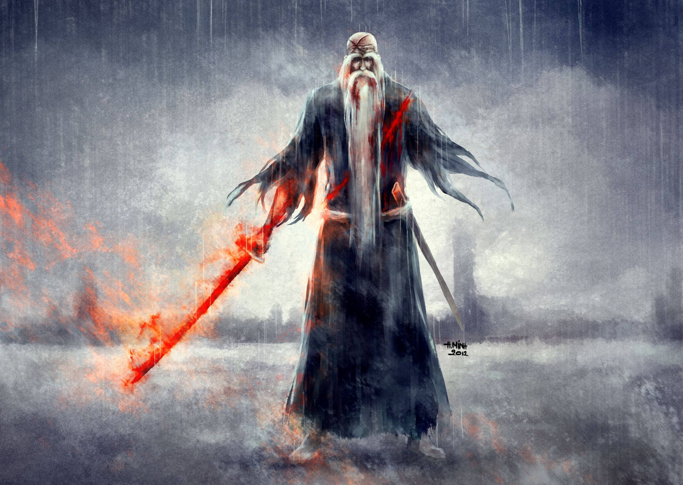 死神 桌布 壁紙 — 一個戴著兜帽、留著長長白鬍子的戰士，在風雨交加的戰場上揮舞著一把火焰劍。