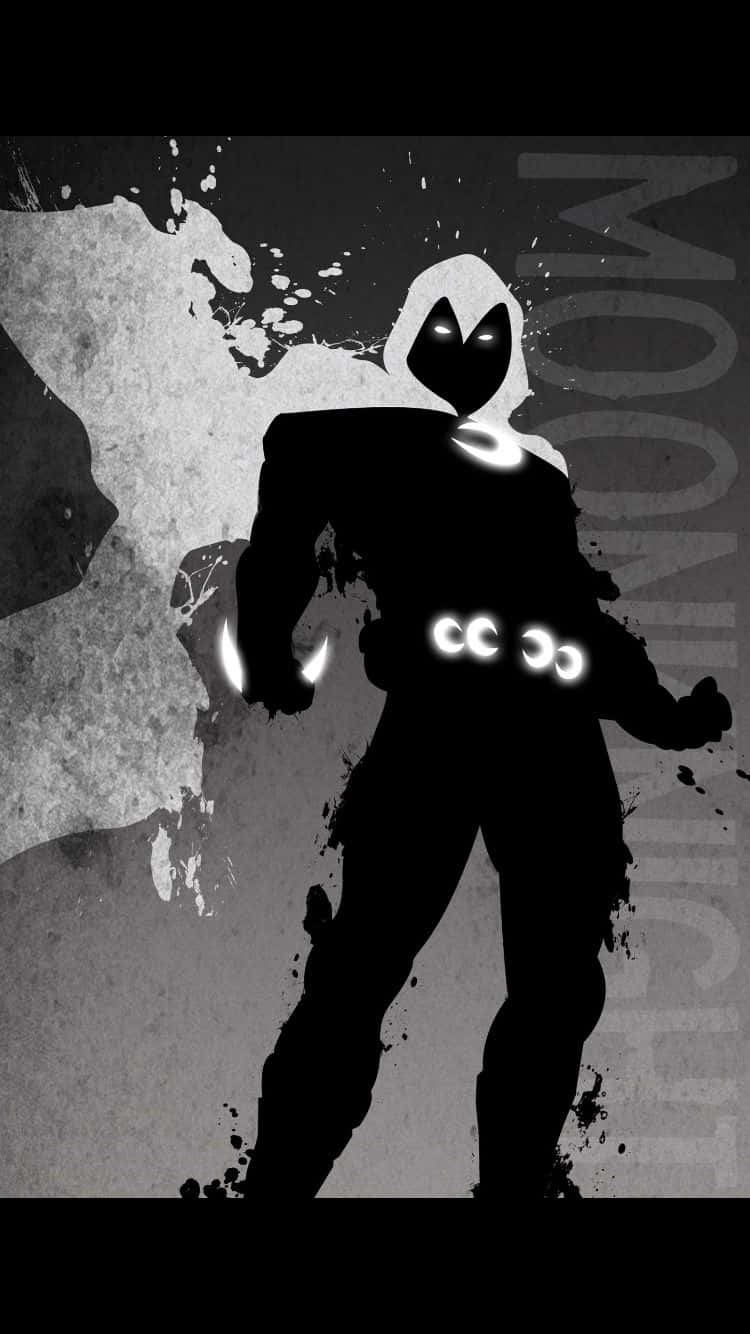 Moon Knight 桌布 壁紙 — 一個戴著兜帽、眼睛和爪子發光的人物，其鮮明的黑色剪影矗立在粗糙紋理的背景上。