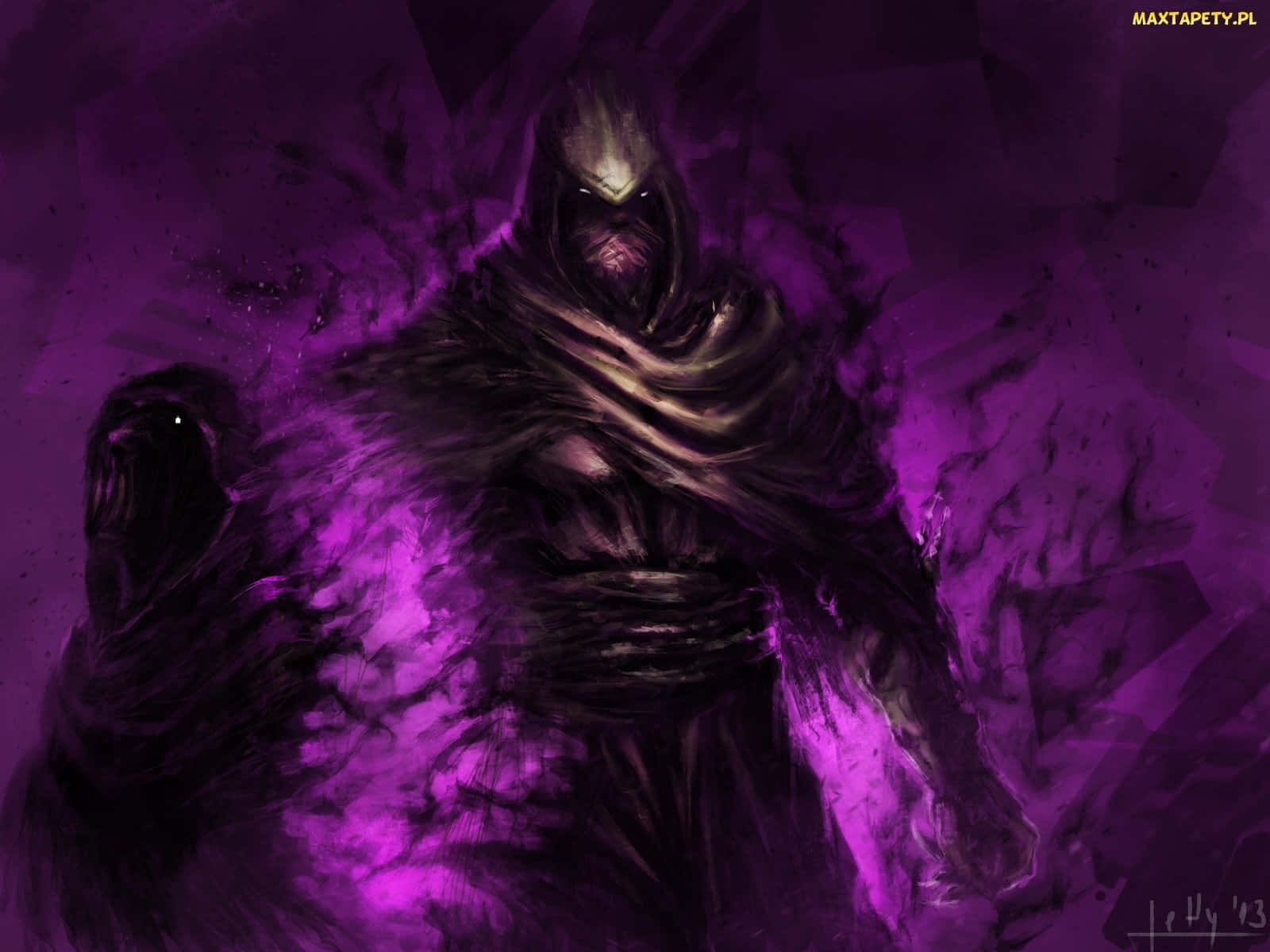 Mortal Kombat Noob Saibot 桌布 壁紙 — 一個戴著兜帽、眼睛發光、帶有威脅性的身影，從旋轉的深紫色能量中浮現，呈現於一幅戲劇性的數位繪畫中。