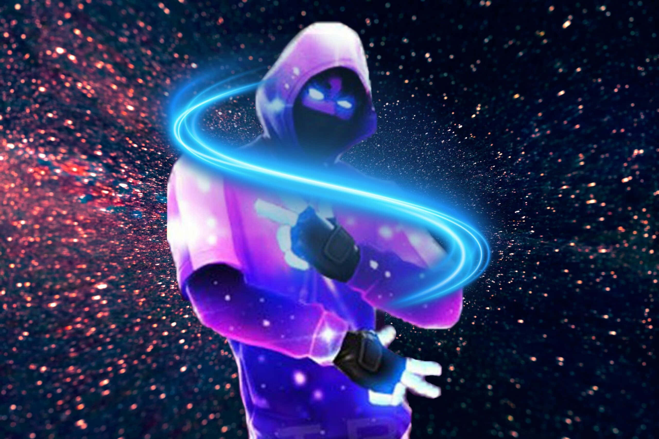 Fortnite Ikonik Skin 桌布 壁紙 — 一個戴著兜帽、眼睛發光、帶有藍色能量環的人物，站在紅色和藍色色調的宇宙星場前。