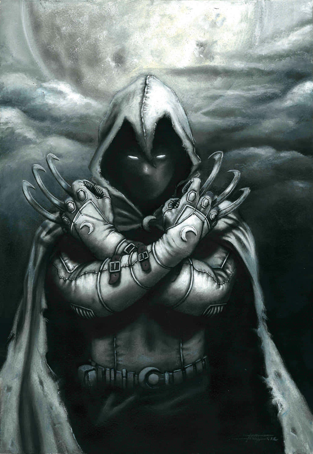 Moon Knight 桌布 壁紙 — 一個戴著兜帽、眼睛發光、戴著利爪手套的人物，在風雨交加的月光天空下，以戲劇性的黑白插圖呈現。