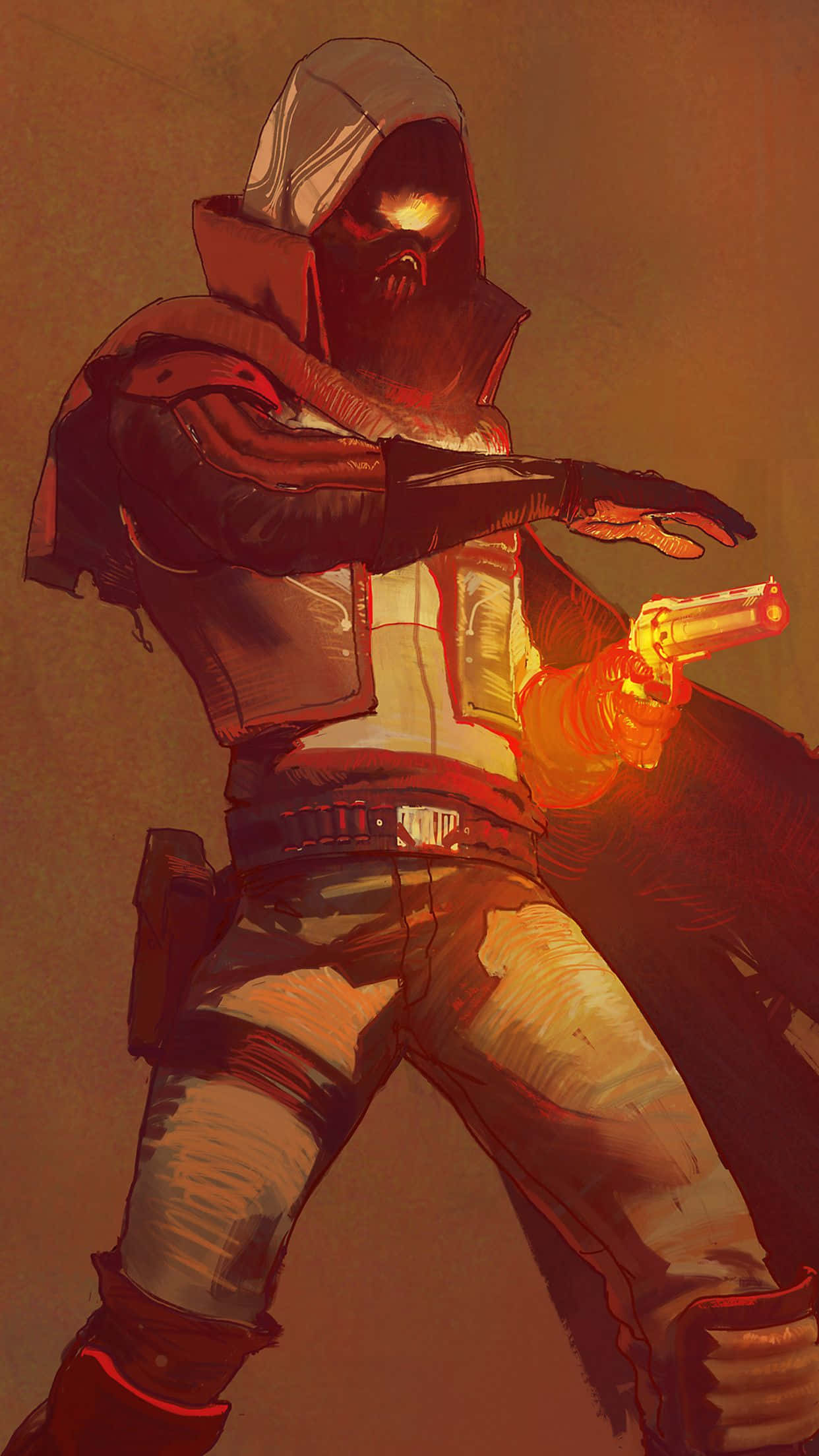 Destiny 2 Phone 桌布 壁紙 — 一個戴著兜帽、眼睛發光、手持冒煙手槍的刺客，站在一個昏暗、火橙色的環境中。