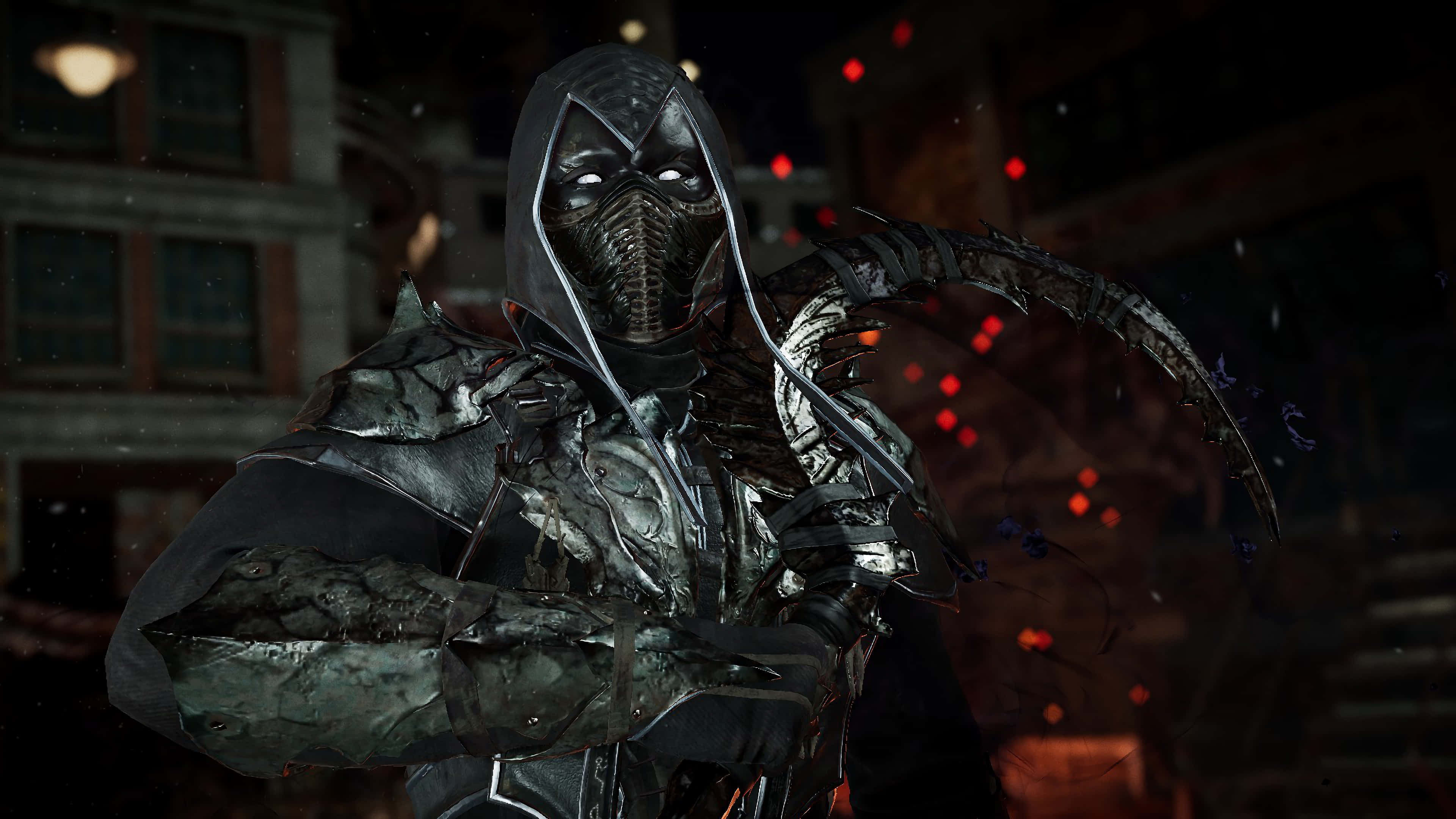 Mortal Kombat Noob Saibot 桌布 壁紙 — 一個戴著兜帽、眼睛發光、手持鐮刀的威脅性戰士，夜晚站在黑暗的城市小巷中，背景有紅燈閃爍。