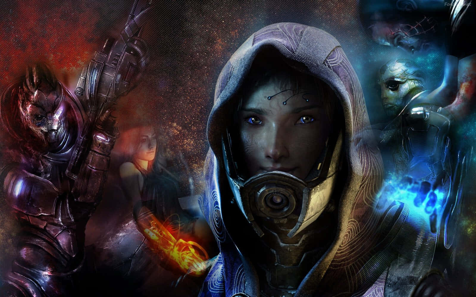 Mass Effect Characters 桌布 壁紙 — 一個戴著兜帽、眼睛發光、裝備未來科技的人物站在舞台中央，周圍是裝甲戰士和宇宙能量，構成黑暗科幻場景。