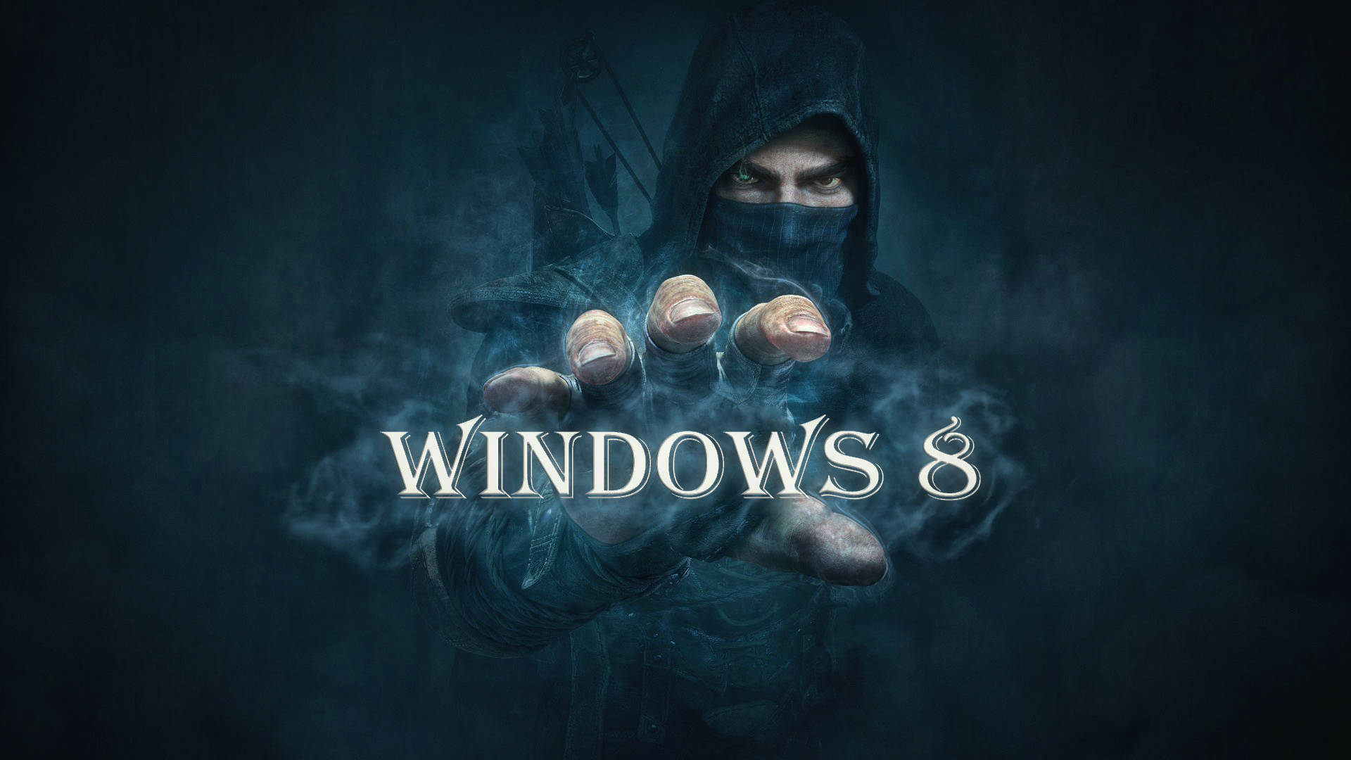 Windows 桌布 壁紙 — 一個戴著兜帽、眼睛發光的人物向前伸出手，迷霧在深藍色調的Windows 8標誌周圍旋轉。