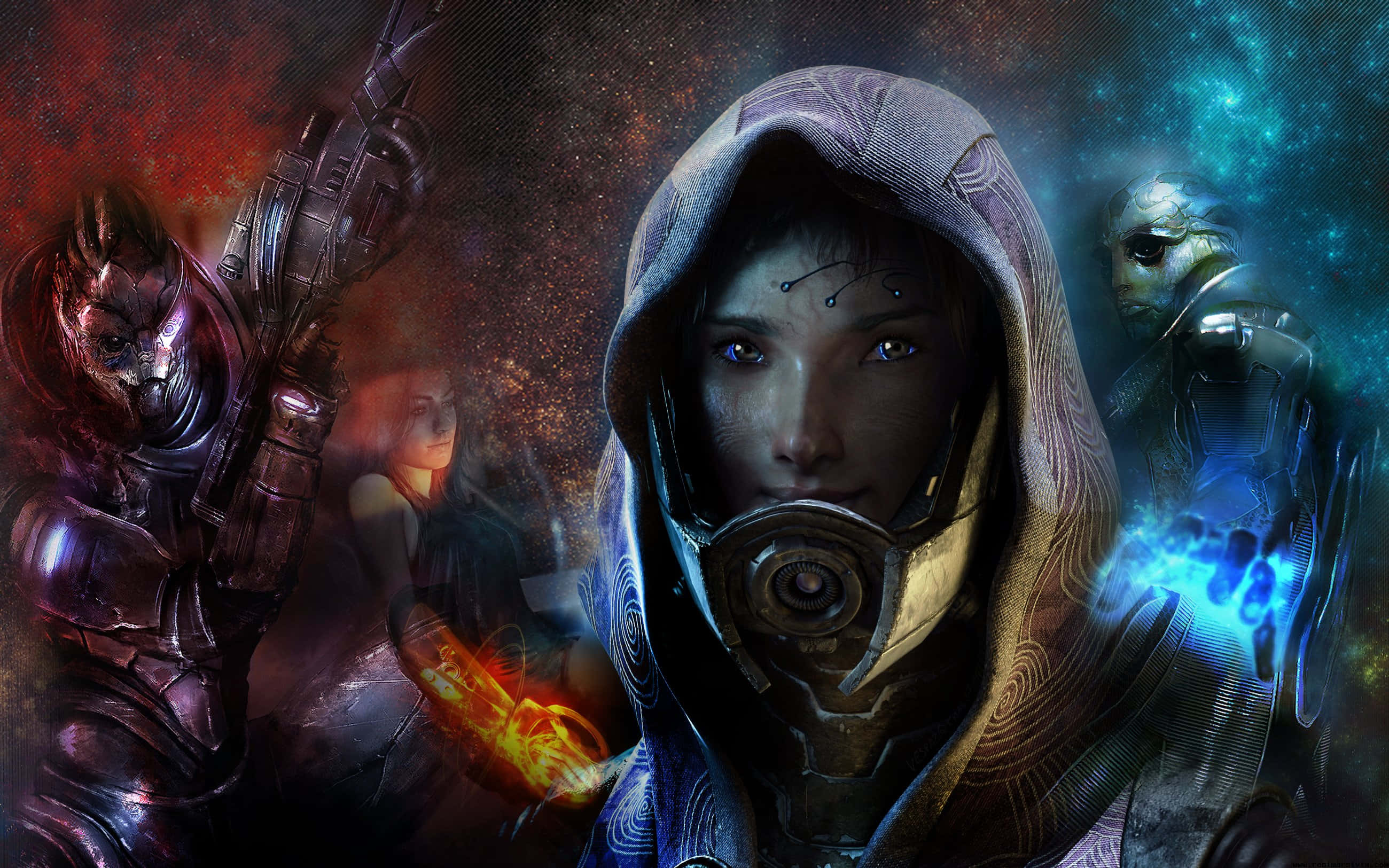 Mass Effect Multiplayer 桌布 壁紙 — 一個戴著兜帽、眼睛發光的人物站在舞台中央，被裝甲戰士和宇宙能量包圍，構成一個戲劇性的科幻場景。