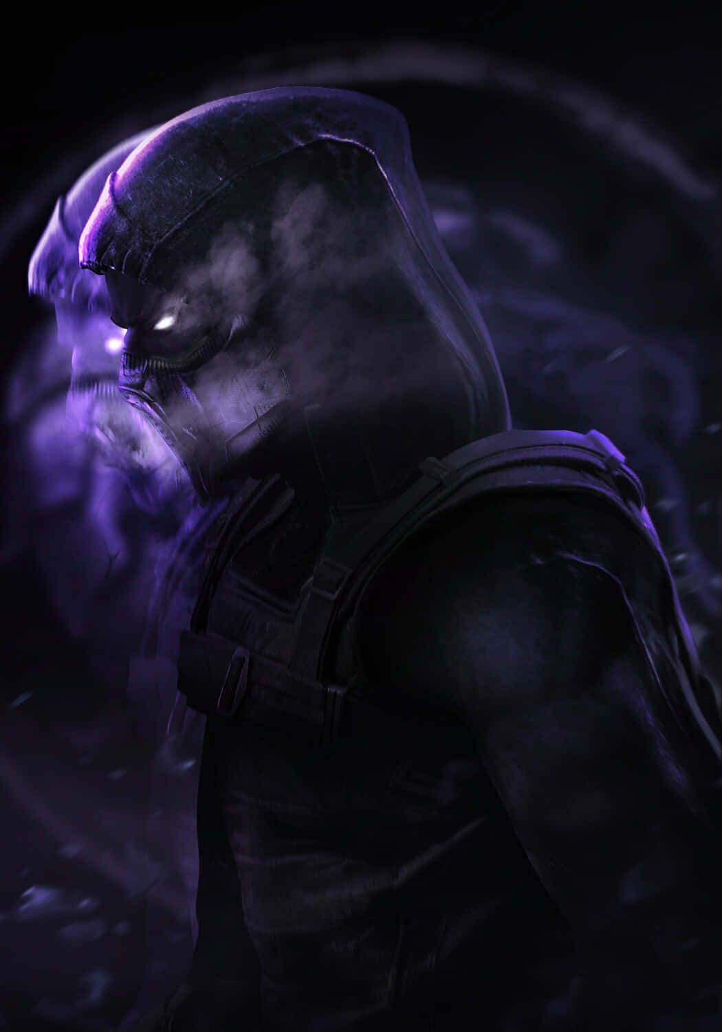 Mortal Kombat Noob Saibot 桌布 壁紙 — 一個戴著兜帽、眼睛發光的身影，站在陰暗的紫色光芒中，煙霧圍繞著他們裝甲的身軀旋轉。