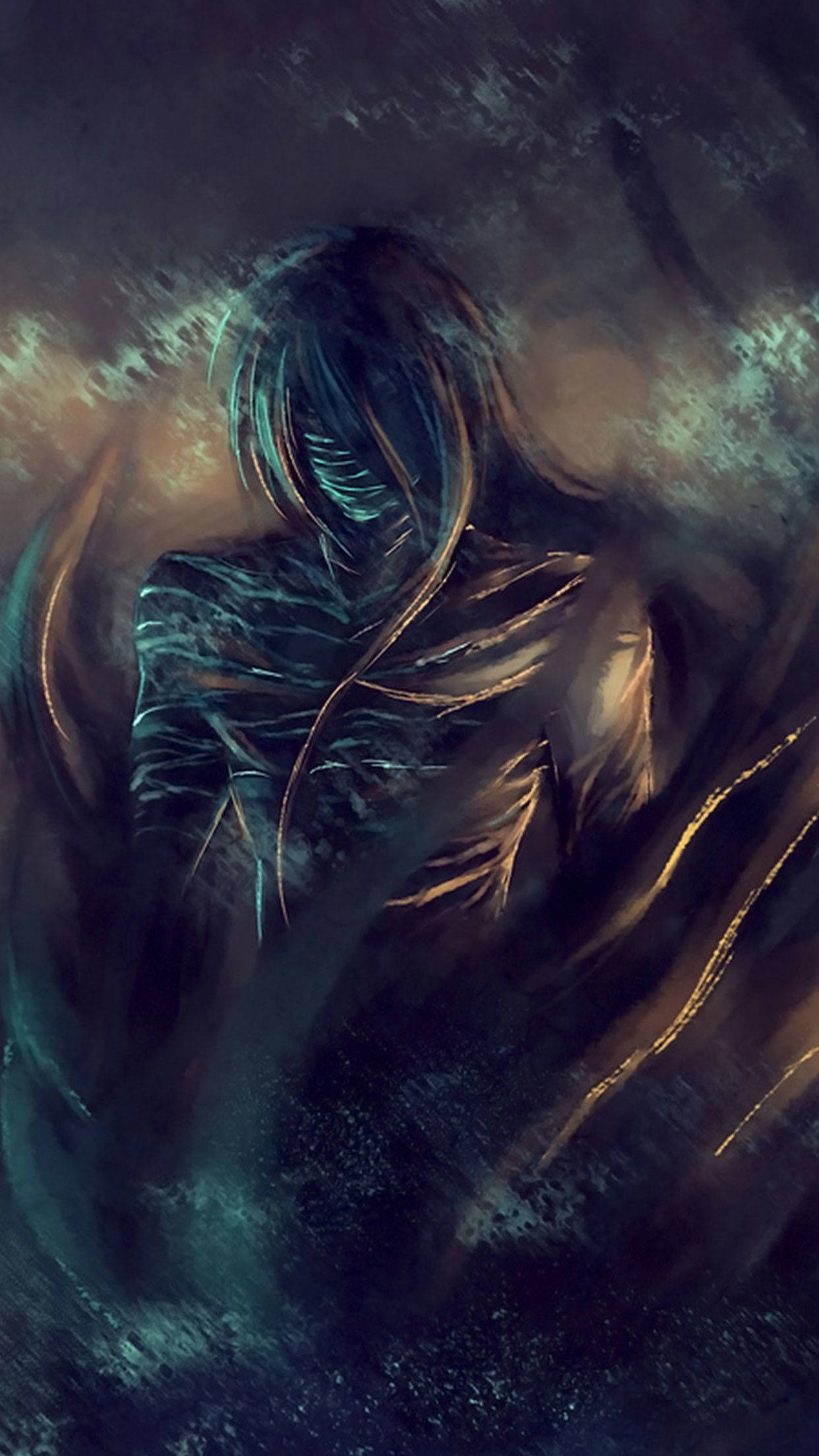死神 桌布 壁紙 — 一個戴著兜帽、眼睛發光的身影從旋轉的烏雲中出現，這是一幅陰鬱的數位畫作。