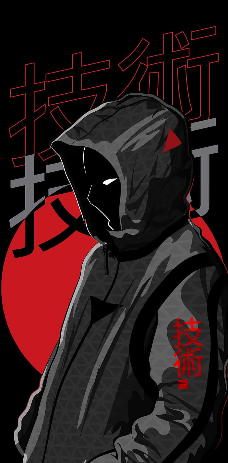 Red And Black Anime 桌布 壁紙 — 一個戴著兜帽、眼睛發出白光的人物站在黑色背景前，背景上有紅色日文字元和一個紅色圓圈。