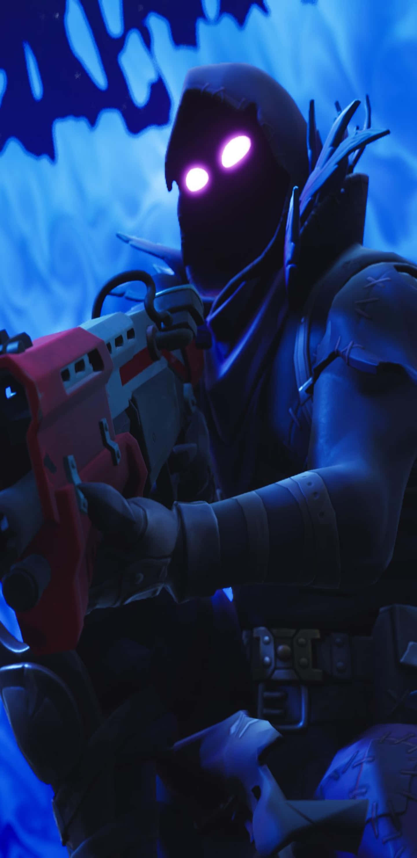 Fortnite 桌布 壁紙 — 一個戴著兜帽、眼睛發出粉紅色光芒的人物，在旋轉的藍色背景前拿著紅白相間的武器。
