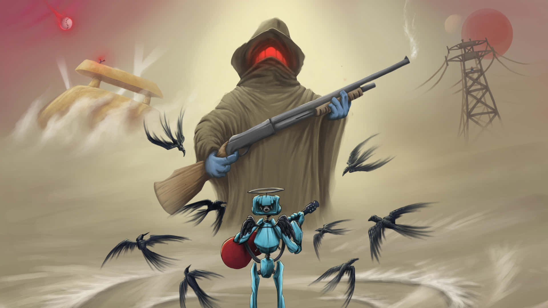 Flcl Canti 桌布 壁紙 — 一個戴著兜帽、眼睛發出紅光的人物手持獵槍，而一個藍色小機器人在飛鳥中彈吉他，背景是超現實的沙漠景觀。
