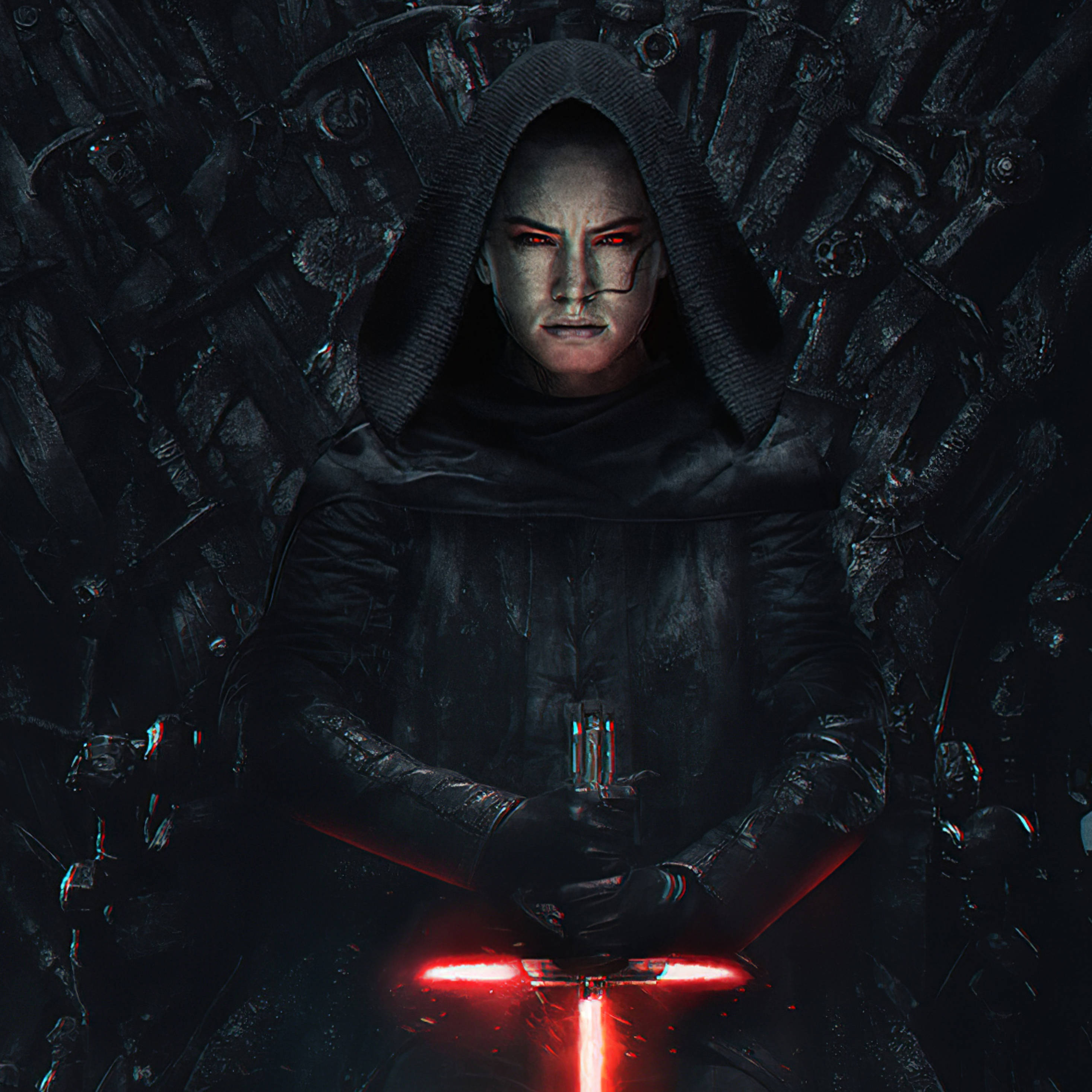 Star Wars iPad 桌布 壁紙 — 一個戴著兜帽、眼睛發出紅光的人物坐在鐵王座上，在黑暗的王座室中手持一把發紅光的劍。