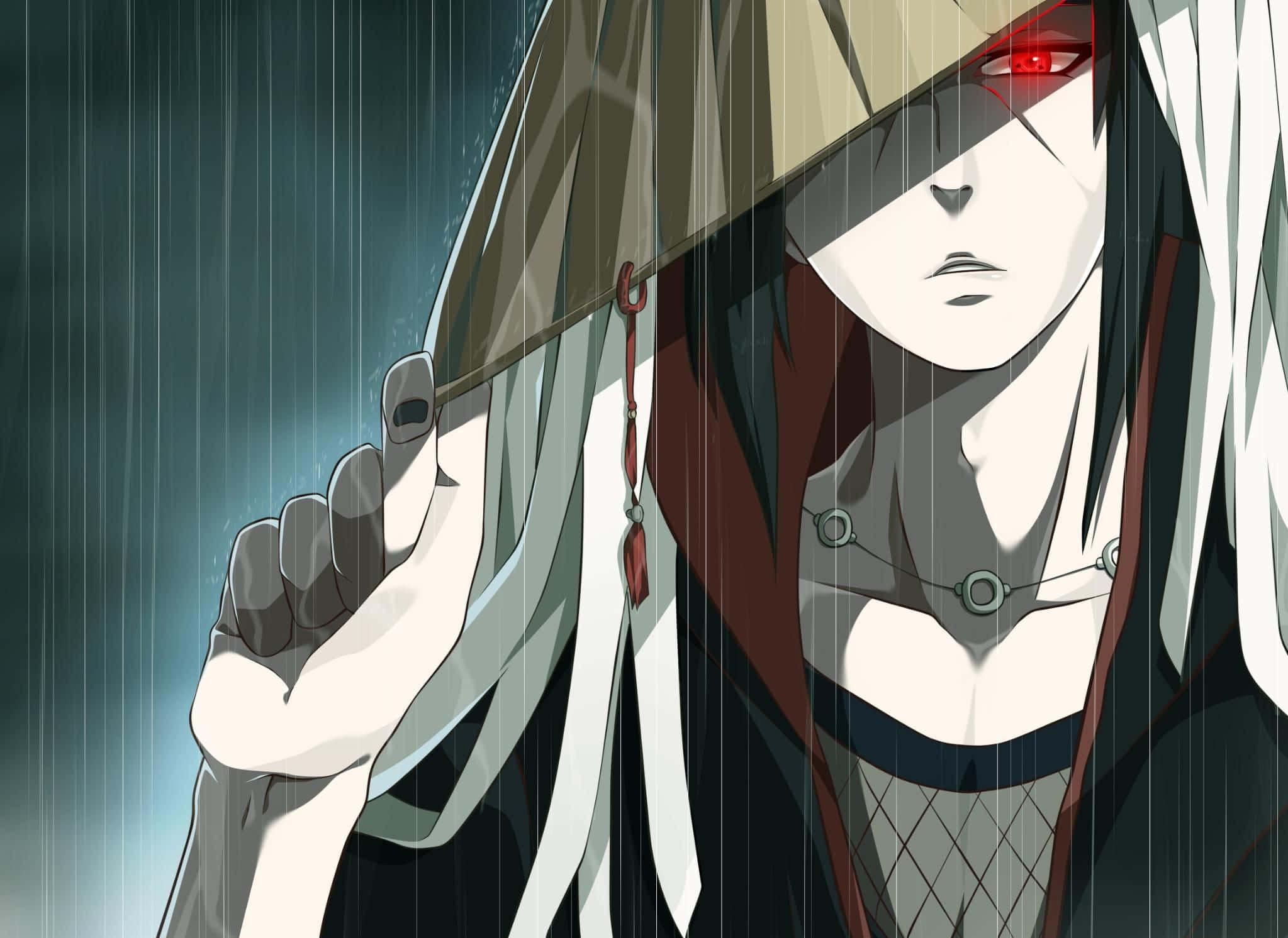 Akatsuki Naruto Shippuden 桌布 壁紙 — 一個戴著兜帽、眼睛發出紅光的動漫角色在雨夜背景下撐著傘。