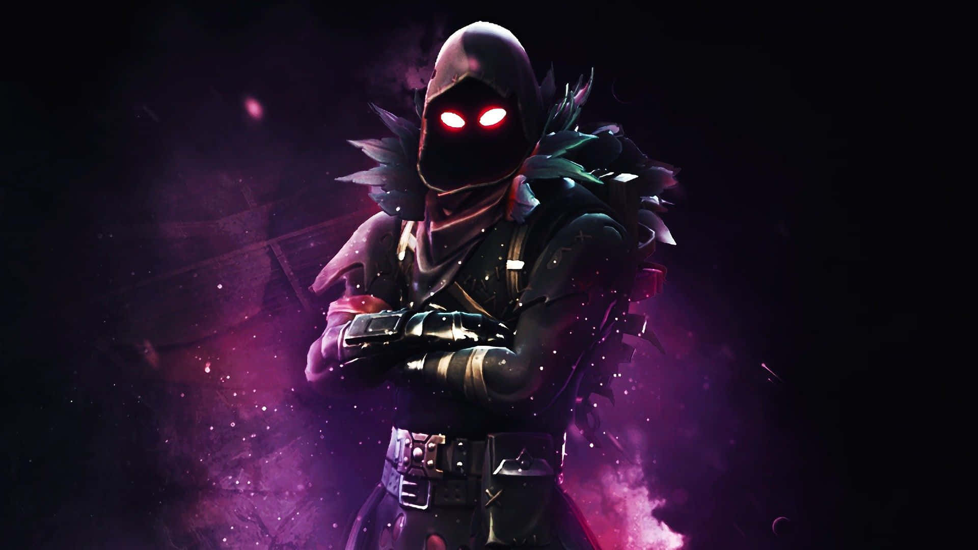 Fortnite 桌布 壁紙 — 一個戴著兜帽、眼睛發出紅光的角色站在宇宙紫色星雲中，手持武器。