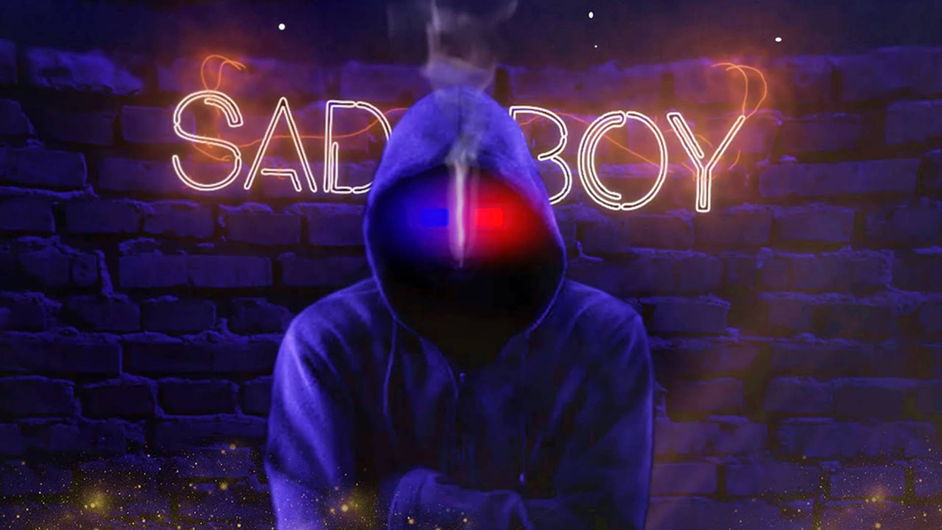 一個戴著兜帽、眼睛發光的人物站在一個霓虹招牌前，招牌上寫著「SAD BOY」，背景是磚牆。 — 憂鬱男孩 壁紙