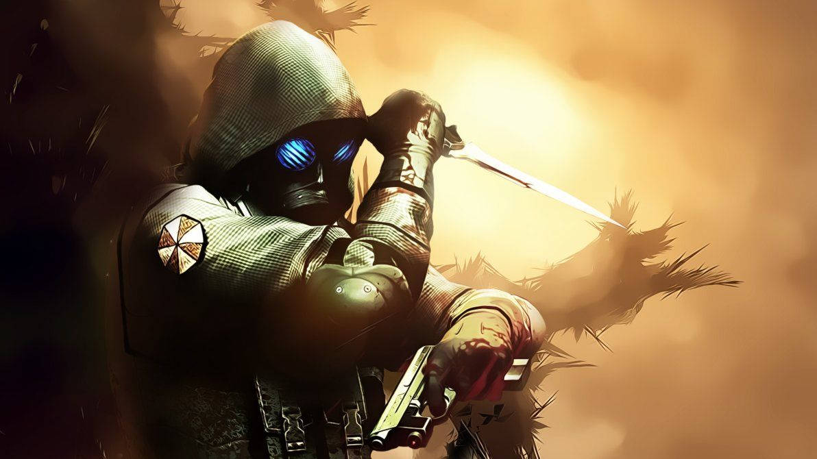 Deviantart 桌布 壁紙 — 一個戴著兜帽、眼睛發出藍光的人物，在朦朧的橙色背景下揮舞著刀和手槍。