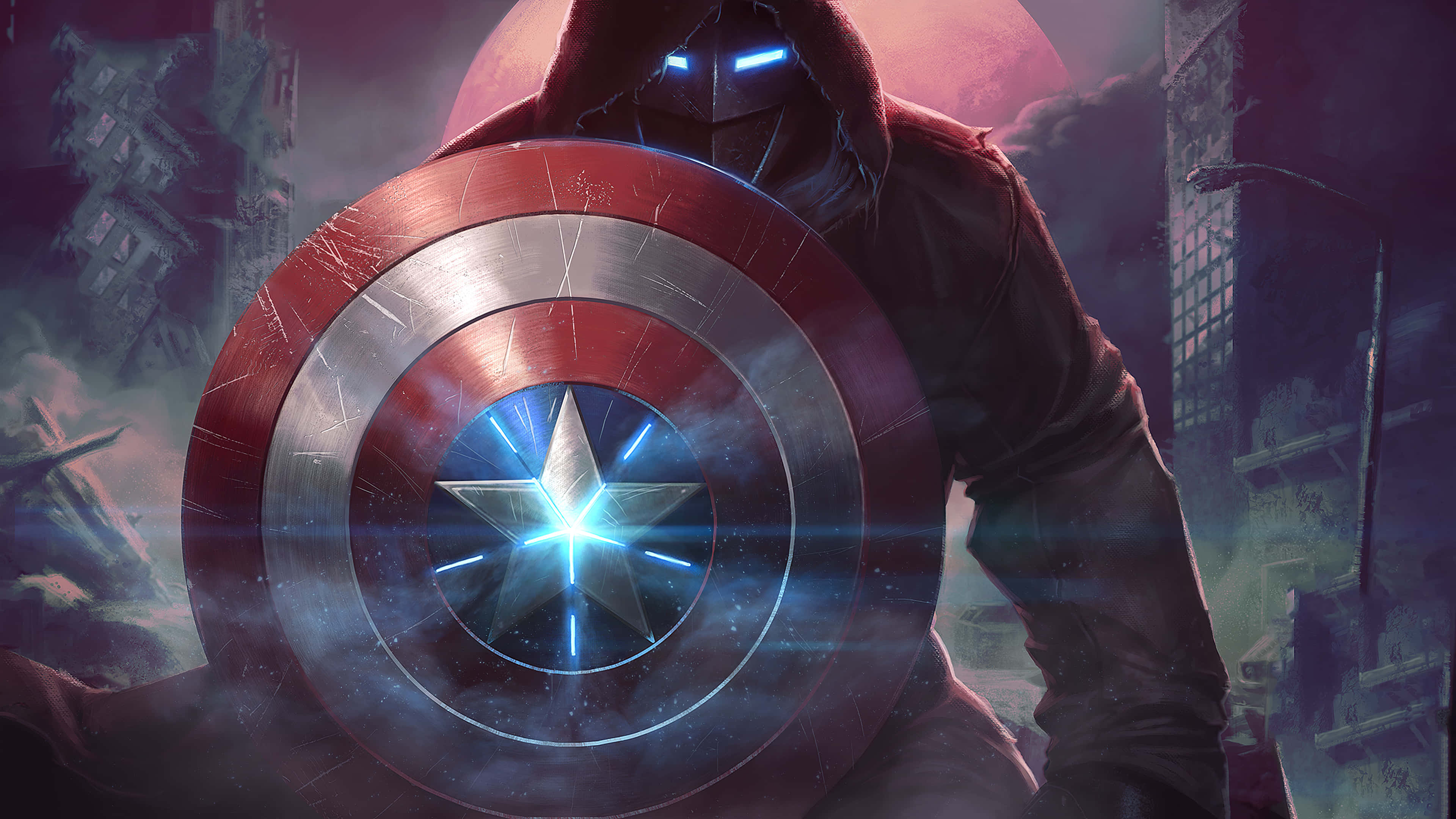 Captain America Desktop 桌布 壁紙 — 一個戴著兜帽、眼睛發出藍光的人物，在紅月下的廢墟城市中舉著美國隊長的盾牌。
