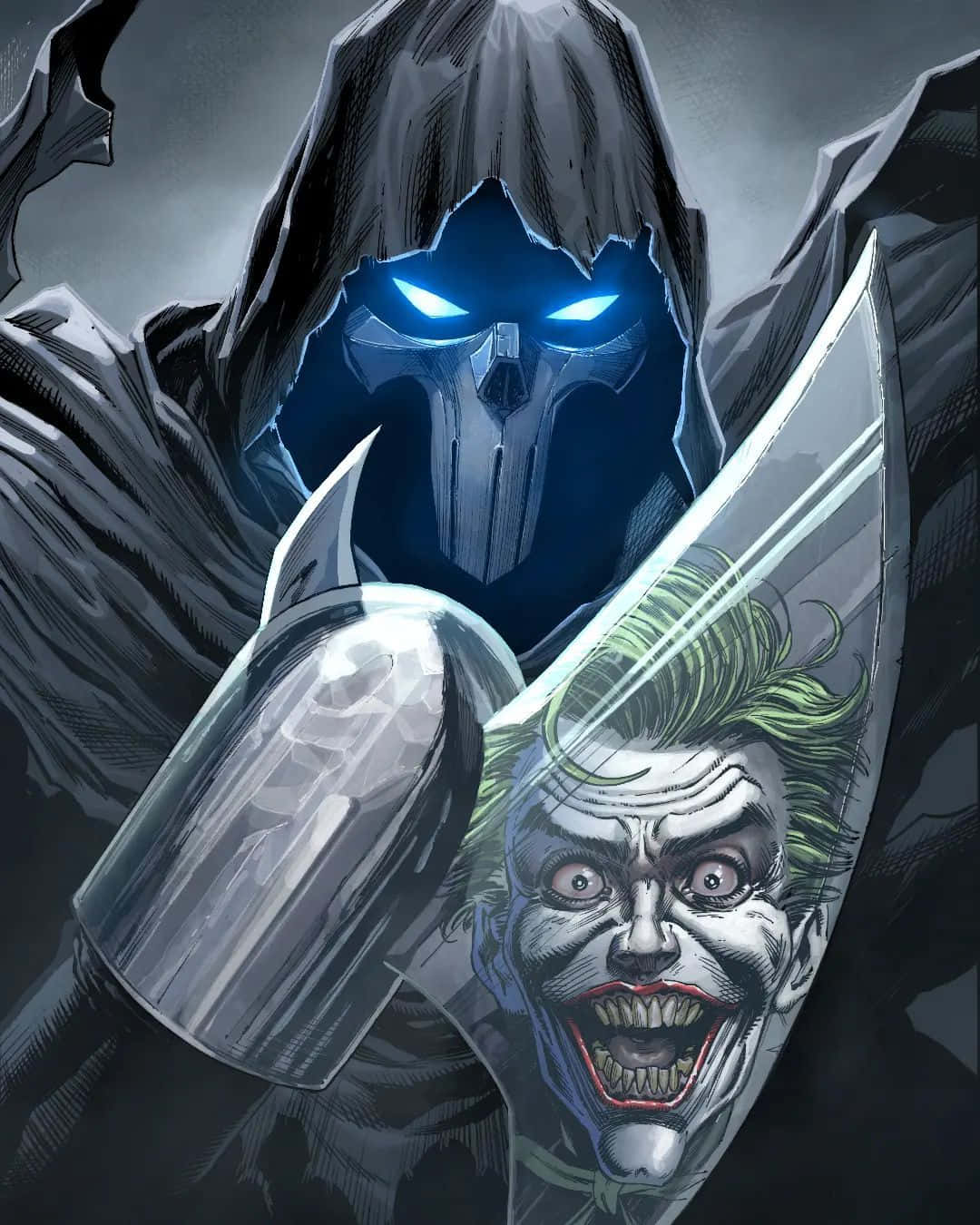 Batman Mask Of The Phantasm 桌布 壁紙 — 一個戴著兜帽、眼睛發出藍光的威脅人物揮舞刀刃，切開小丑尖叫的臉。