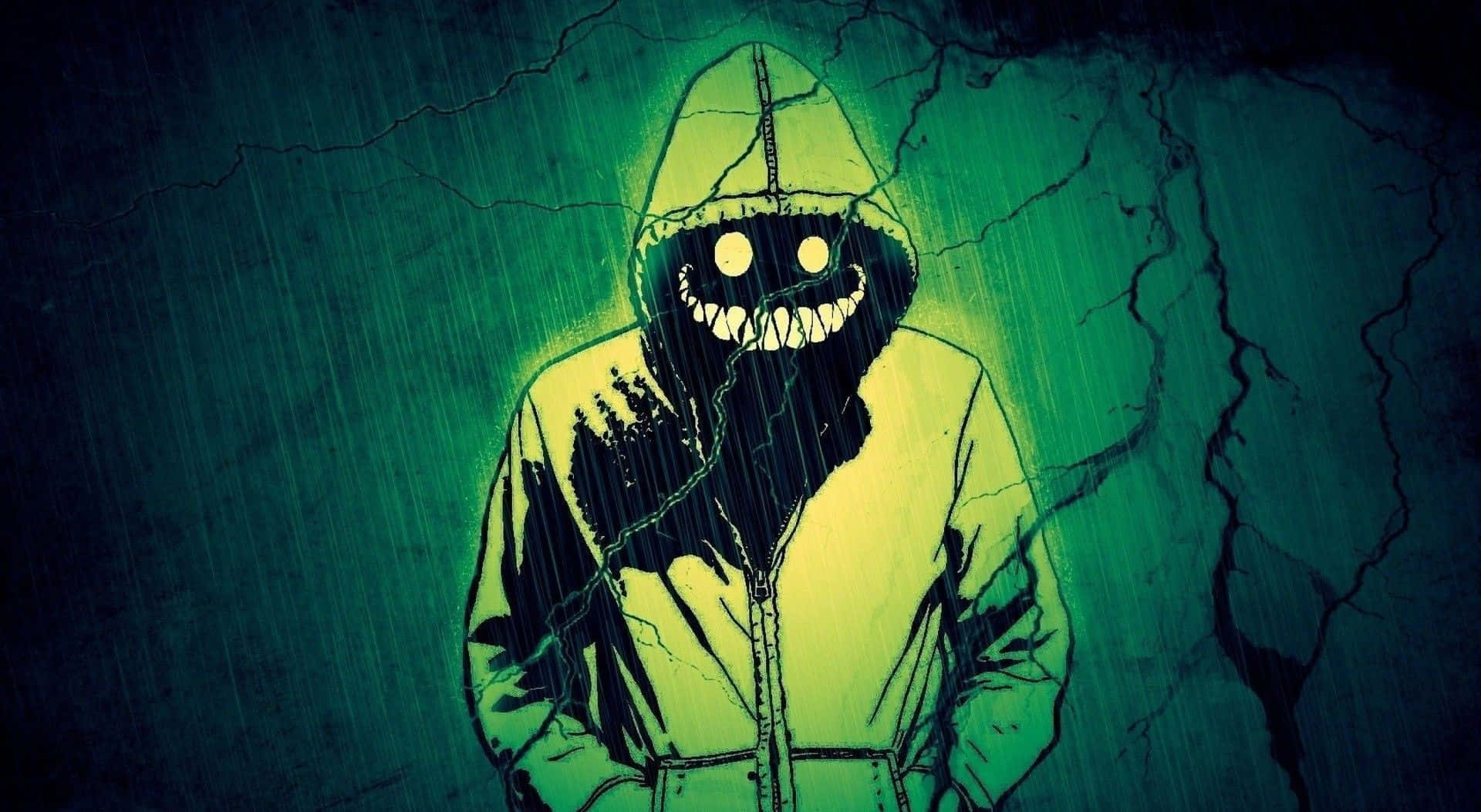 Cool Demon 桌布 壁紙 — 一個戴著兜帽、眼神發光、咧嘴露出鋸齒狀笑容的威脅性身影，站在雨水浸透、佈滿裂縫的環境中，籠罩在詭異的綠光下。