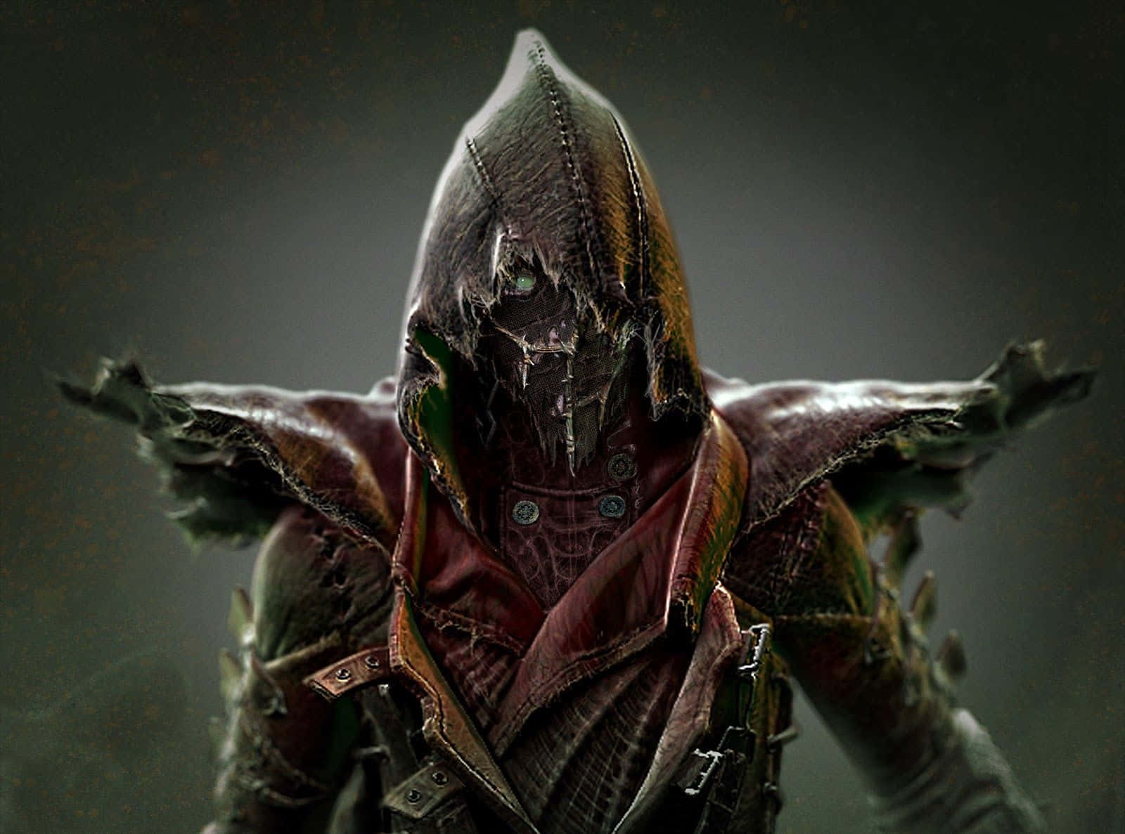 Mortal Kombat Ermac 桌布 壁紙 — 一個戴著兜帽、眼神發光、身穿破爛鎧甲的威脅性人物，站在黑暗、粗糙的環境中。