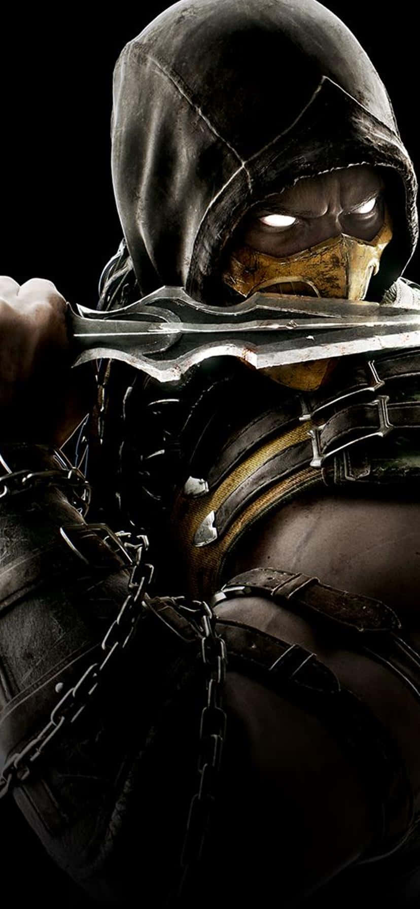 Mortal Kombat iPhone 桌布 壁紙 — 一個戴著兜帽、眼神發光的威脅性戰士，在黑色背景前緊握一把彎曲的刀刃。