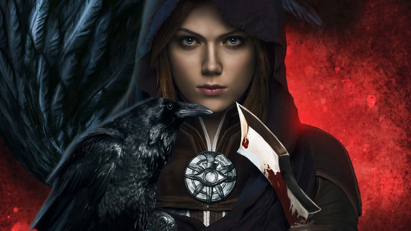 1366x768 Dragon Age Inquisition 桌布 壁紙 — 一個戴著兜帽、眼神銳利的女人手持一把沾滿鮮血的匕首，一隻黑色烏鴉棲息在她的肩膀上，背景是火紅色的。