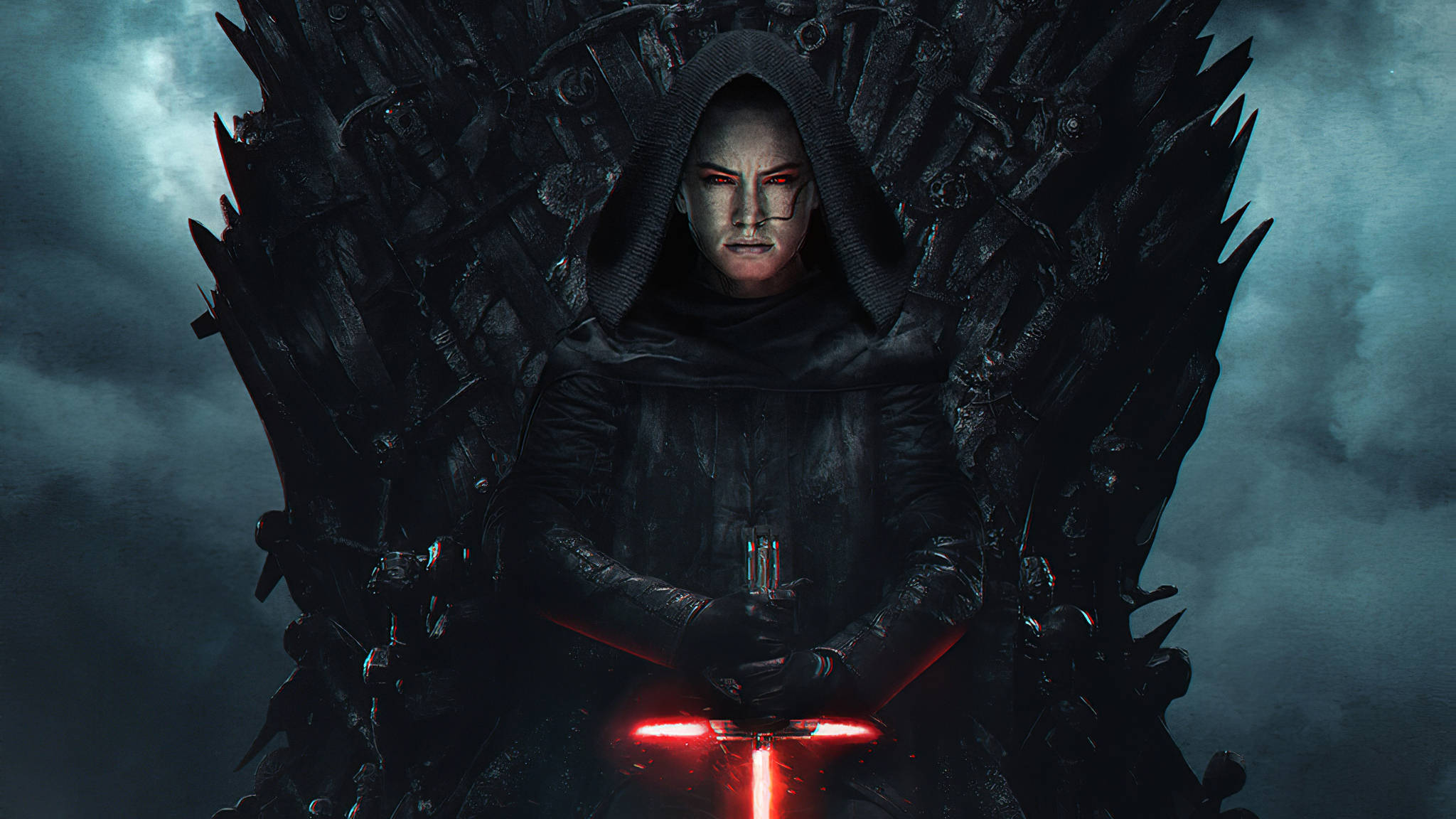 Skywalker 桌布 壁紙 — 一個戴著兜帽、紅眼睛的人物坐在鐵王座上，手持發光的紅色光劍，背景是暴風雨的天空。