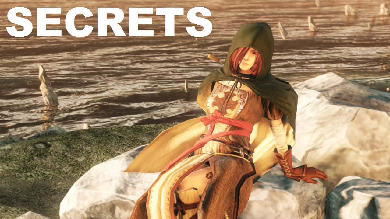 Dark Souls Emerald Herald 桌布 壁紙 — 一個戴著兜帽、紅髮、身穿華麗盔甲的人物，在溫暖的金色光芒下，沉思地坐在岩石上，旁邊是波光粼粼的水面。