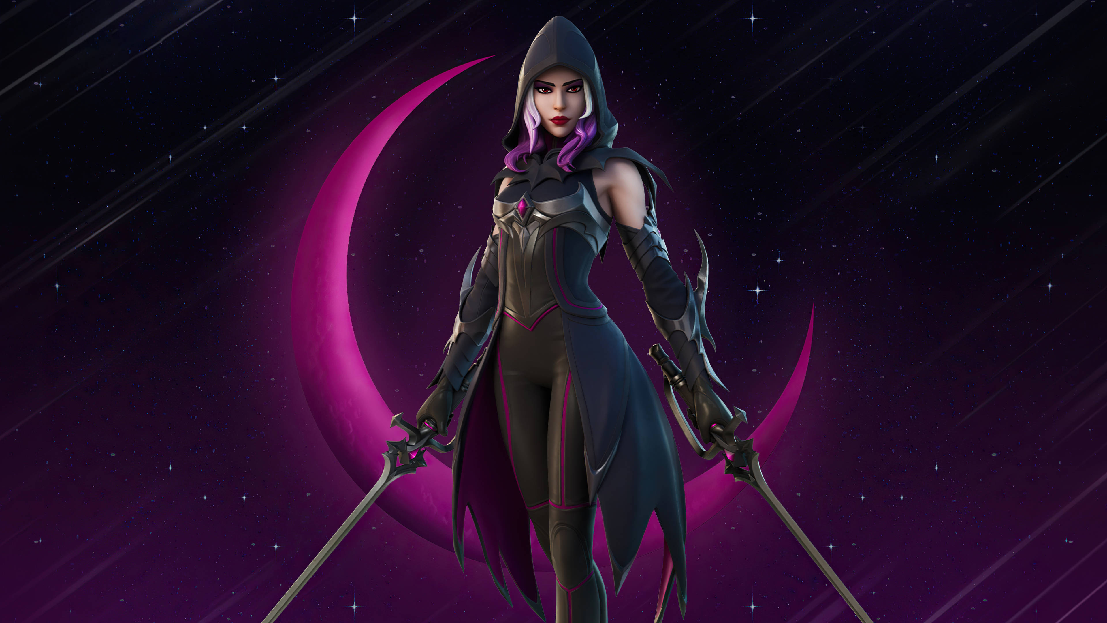 Fortnite iPad 桌布 壁紙 — 一個戴著兜帽、紫色頭髮的戰士，在發光的粉紅色新月宇宙背景下，手持兩把劍擺出姿勢。